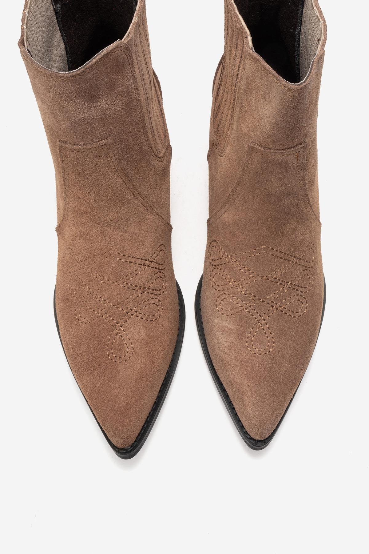 JULIETA - Taupe Genuine Suede Leather Block Heel Western Boot – side view showing leather, suede, SimmiUnique