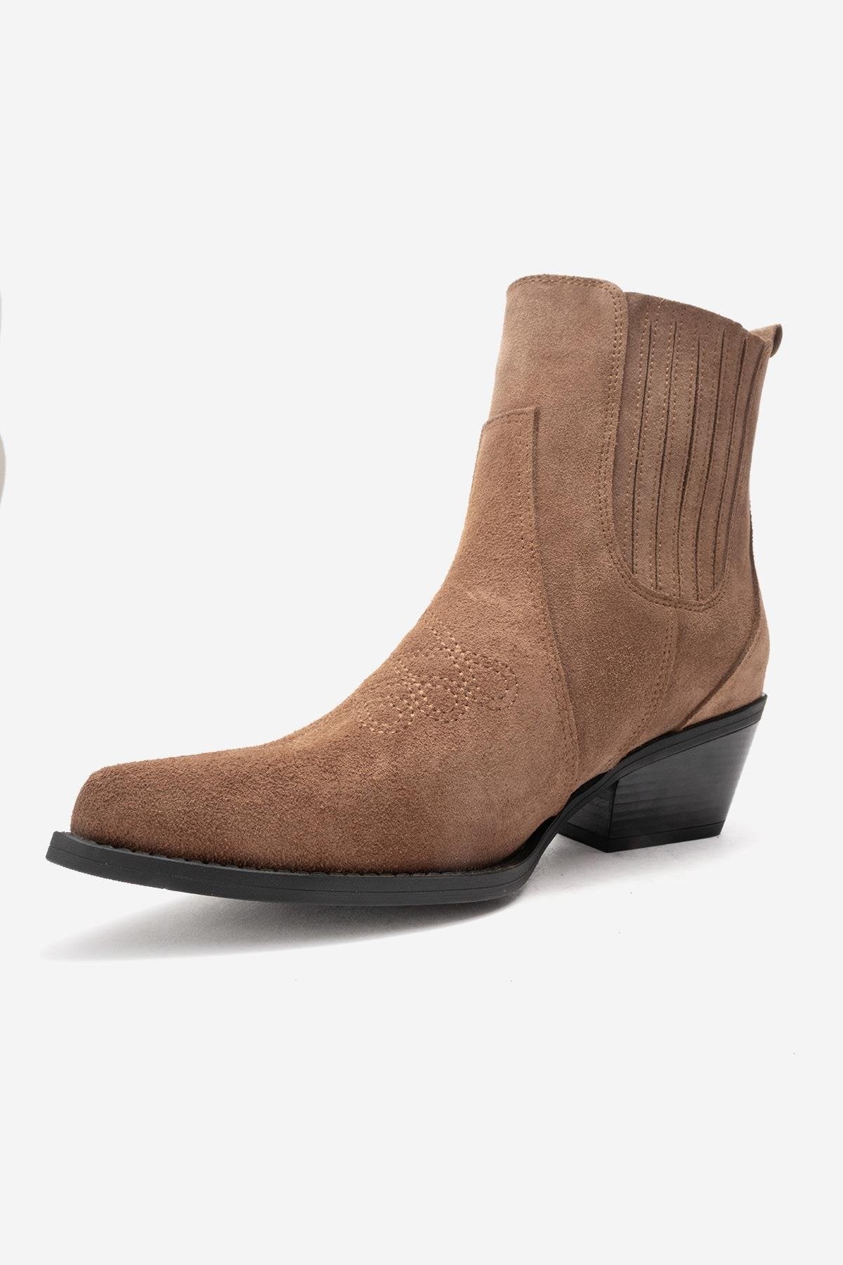 JULIETA - Taupe Genuine Suede Leather Block Heel Western Boot – heel view showing leather, suede, SimmiUnique