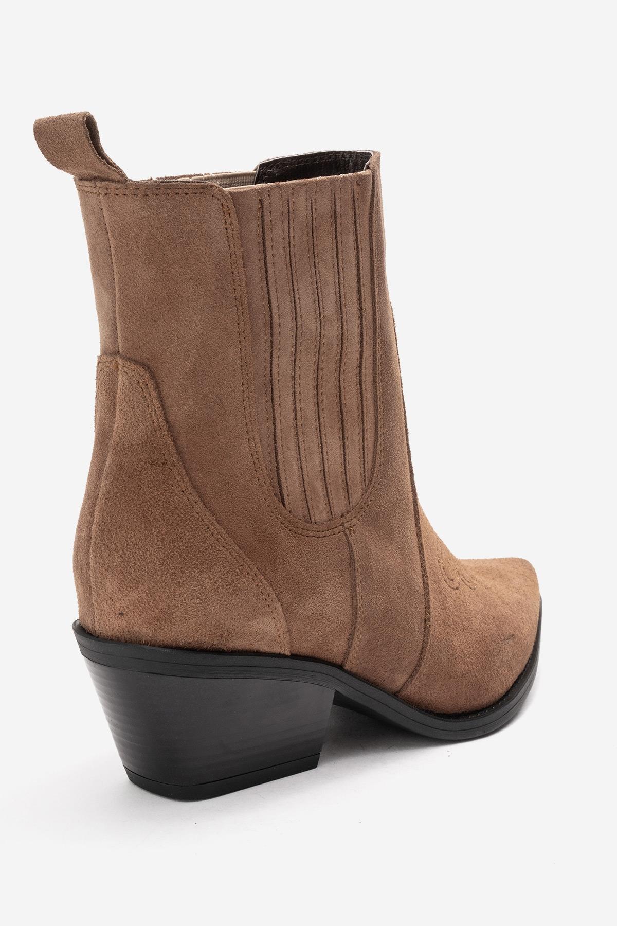 JULIETA - Taupe Genuine Suede Leather Block Heel Western Boot – back view showing leather, suede, SimmiUnique