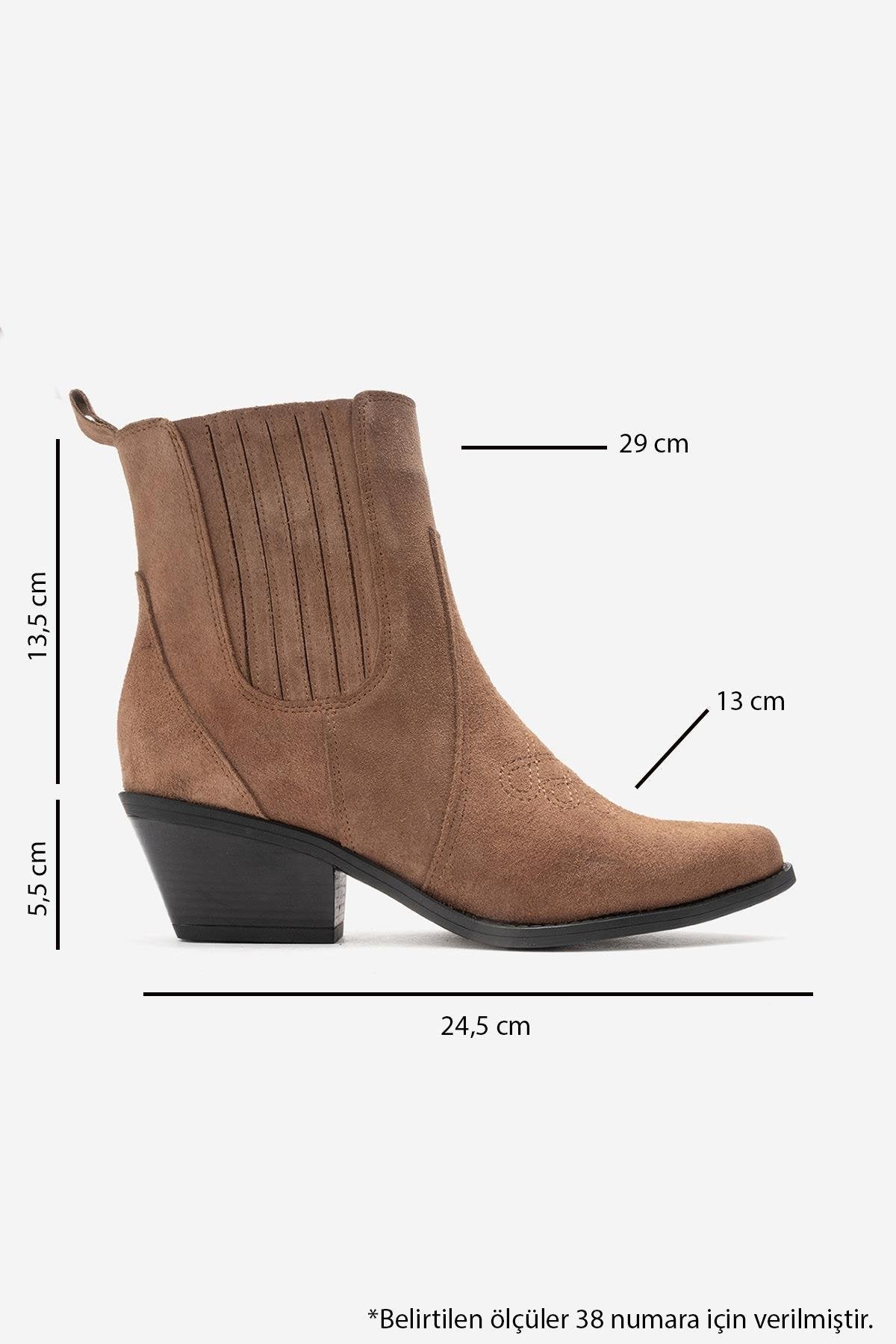 JULIETA - Taupe Genuine Suede Leather Block Heel Western Boot – top view showing leather, suede, SimmiUnique