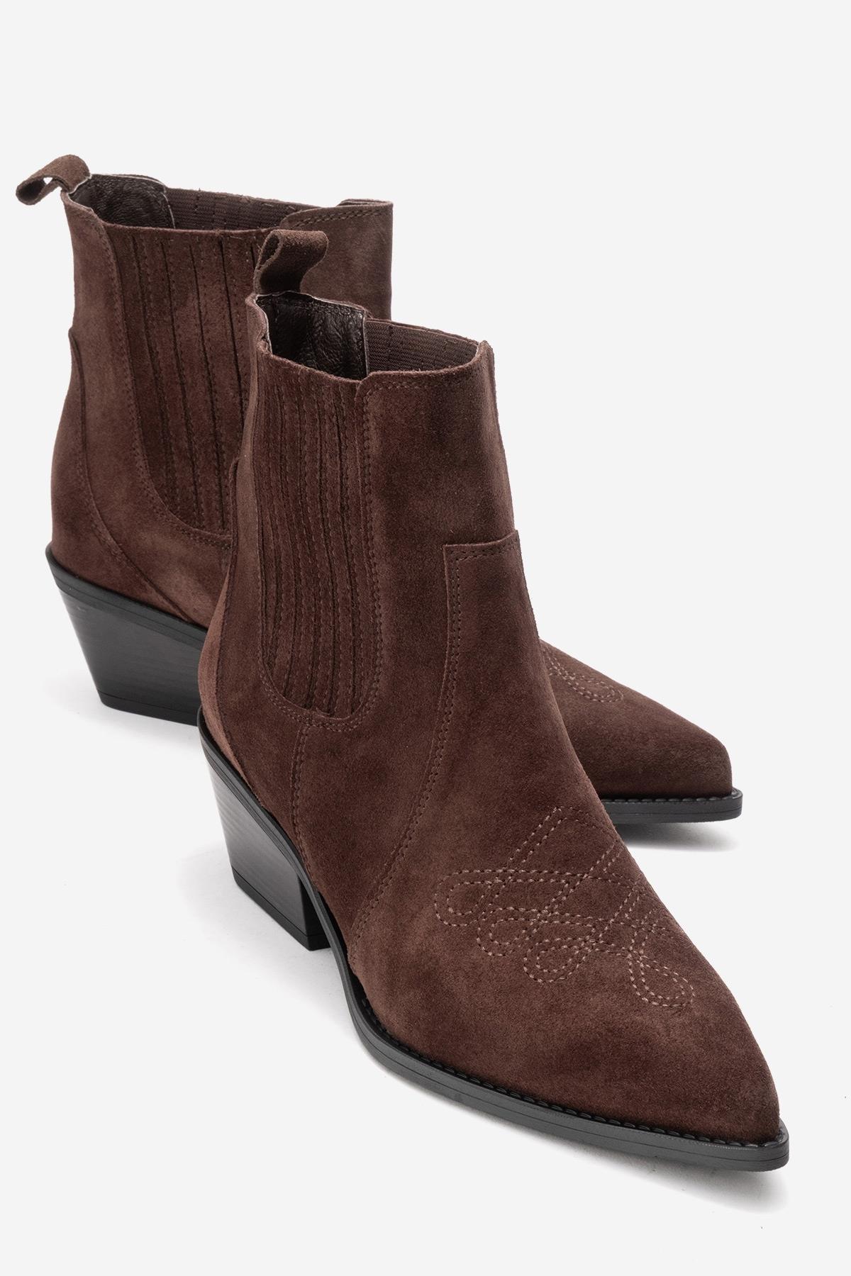 JULIETA - Brown Genuine Suede Leather Block Heel Western Boot – front three-quarter view showing leather, suede, SimmiUnique
