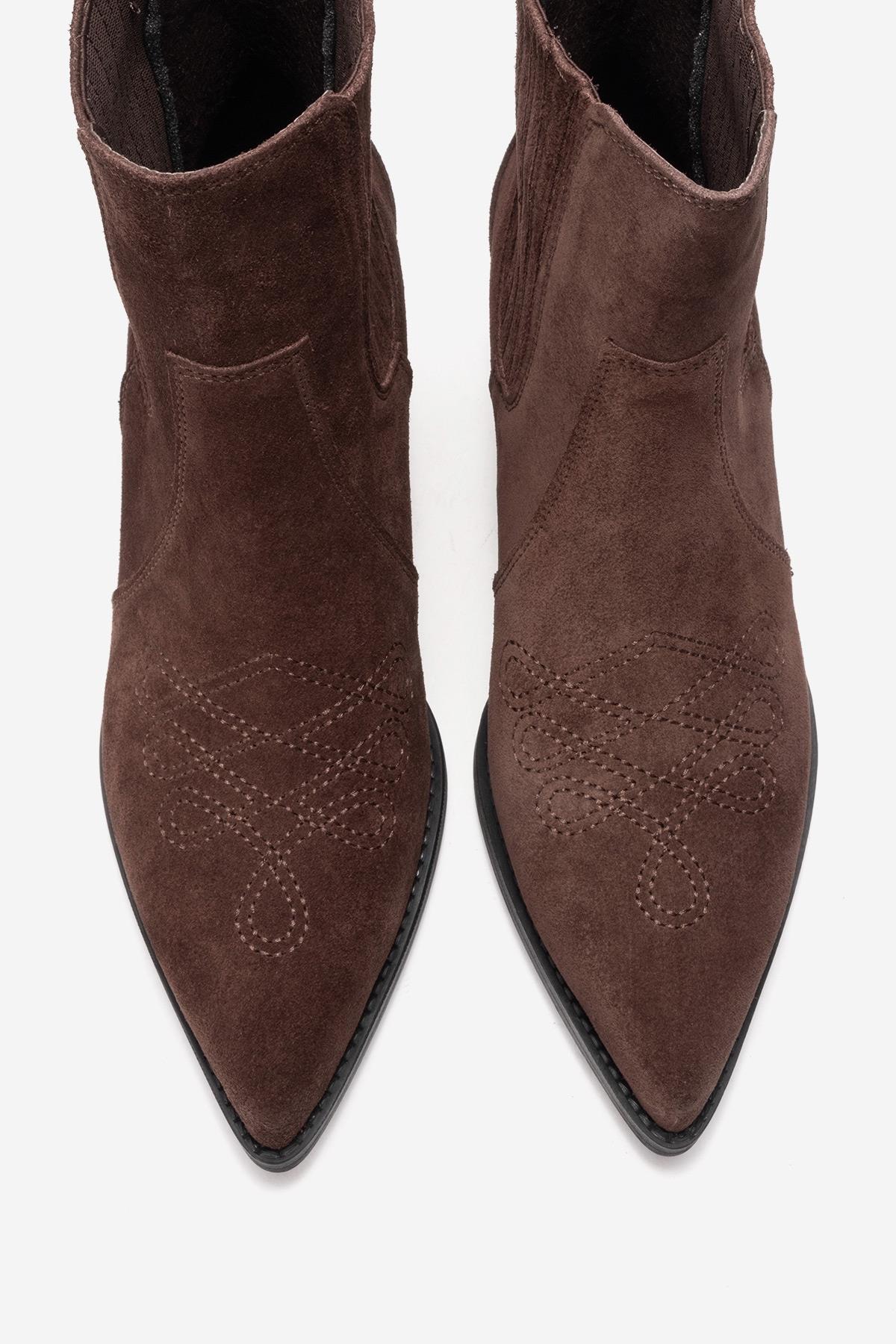 JULIETA - Brown Genuine Suede Leather Block Heel Western Boot – side view showing leather, suede, SimmiUnique