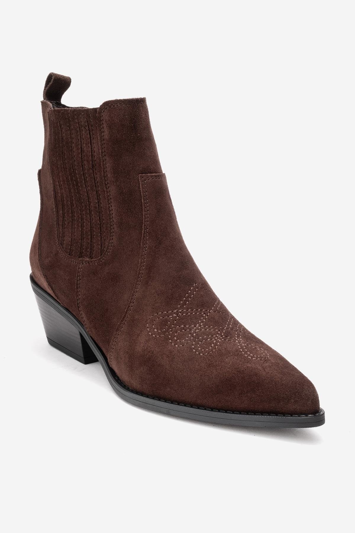 JULIETA - Brown Genuine Suede Leather Block Heel Western Boot – detail view showing leather, suede, SimmiUnique