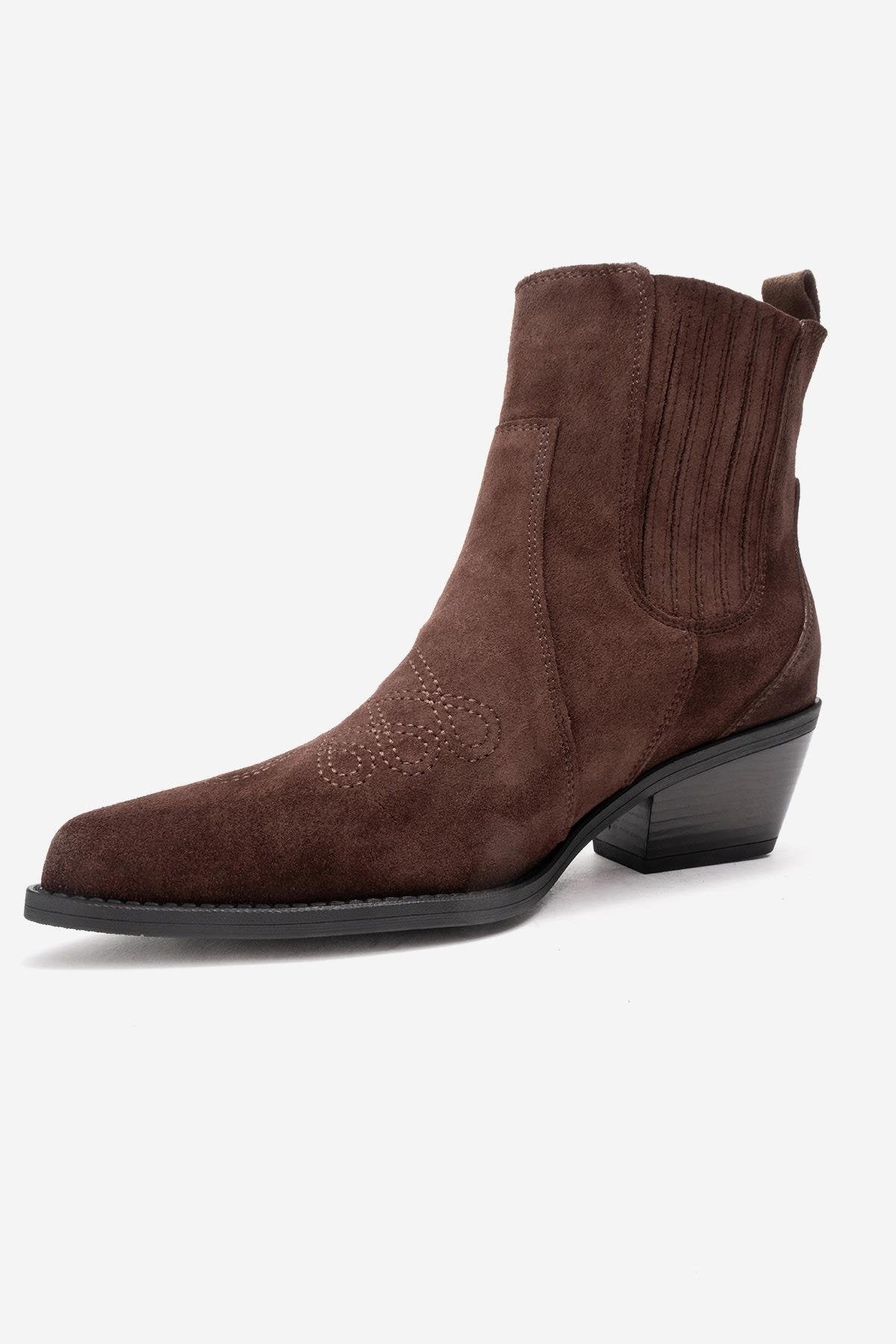 JULIETA - Brown Genuine Suede Leather Block Heel Western Boot – heel view showing leather, suede, SimmiUnique