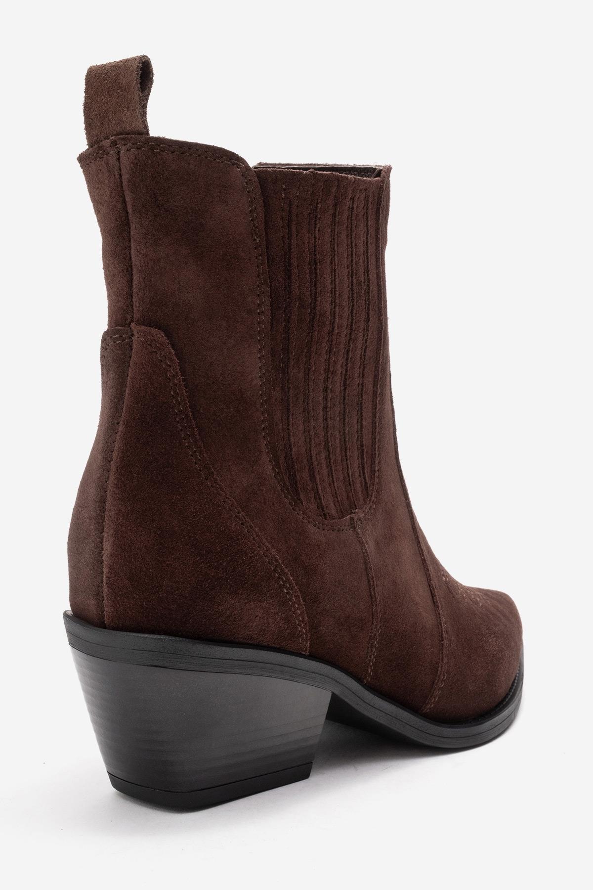 JULIETA - Brown Genuine Suede Leather Block Heel Western Boot – back view showing leather, suede, SimmiUnique