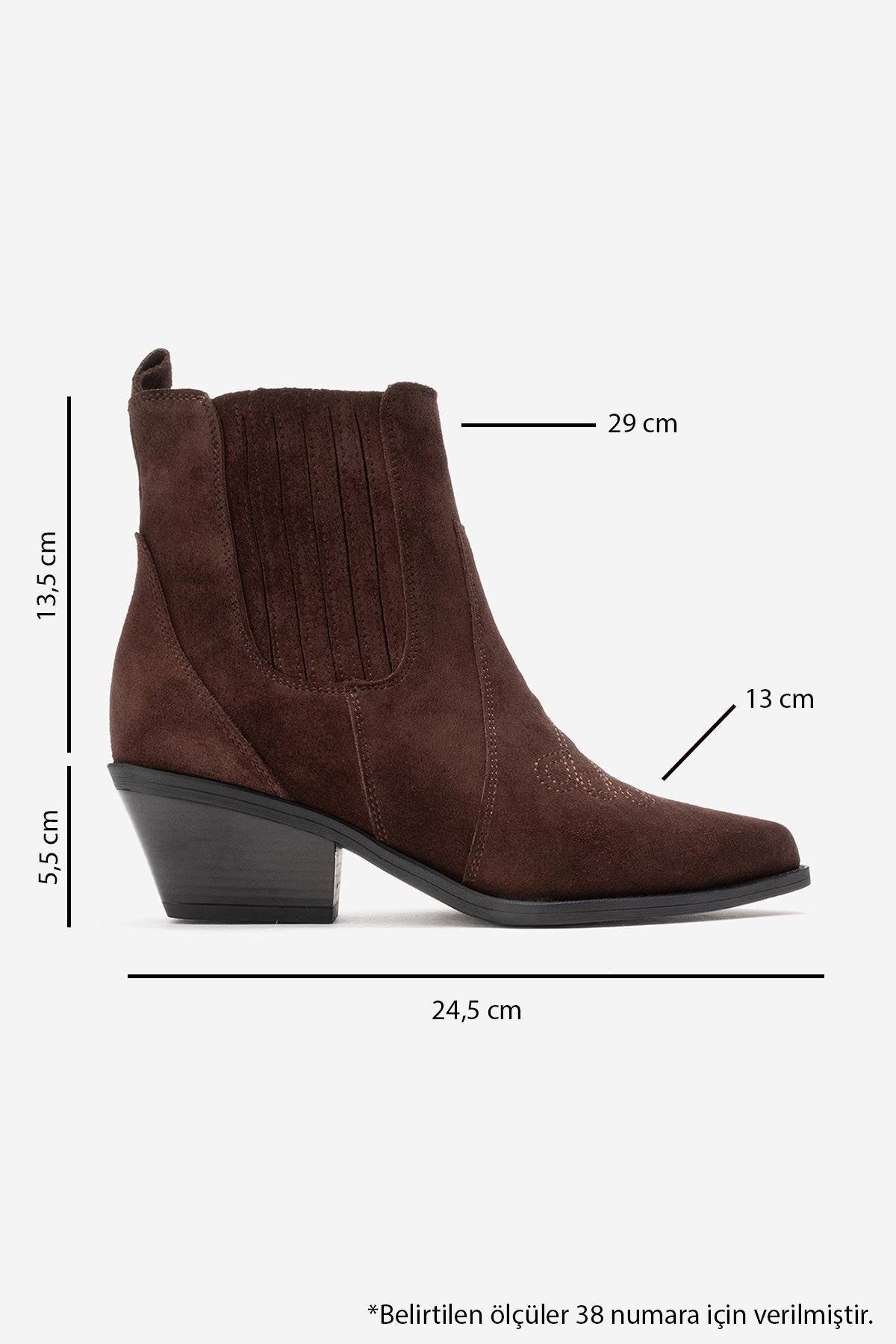 JULIETA - Brown Genuine Suede Leather Block Heel Western Boot – top view showing leather, suede, SimmiUnique