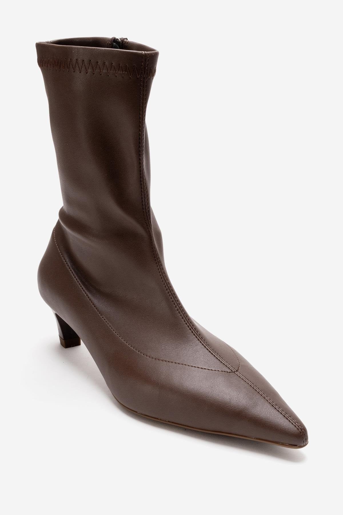 ALORA - Brown Kitten Heel Boot – detail view showing leather, SimmiUnique