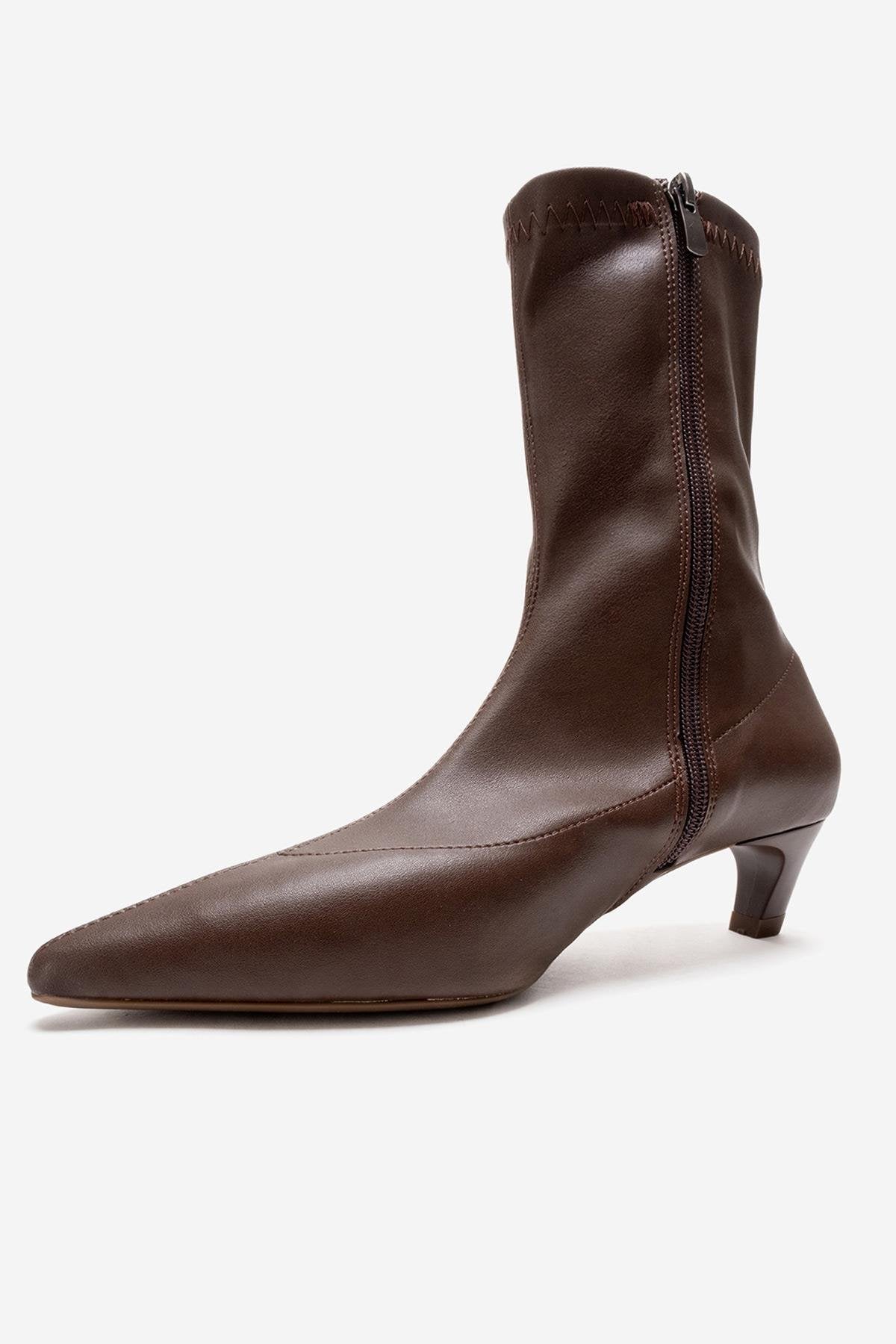 ALORA - Brown Kitten Heel Boot – heel view showing leather, SimmiUnique
