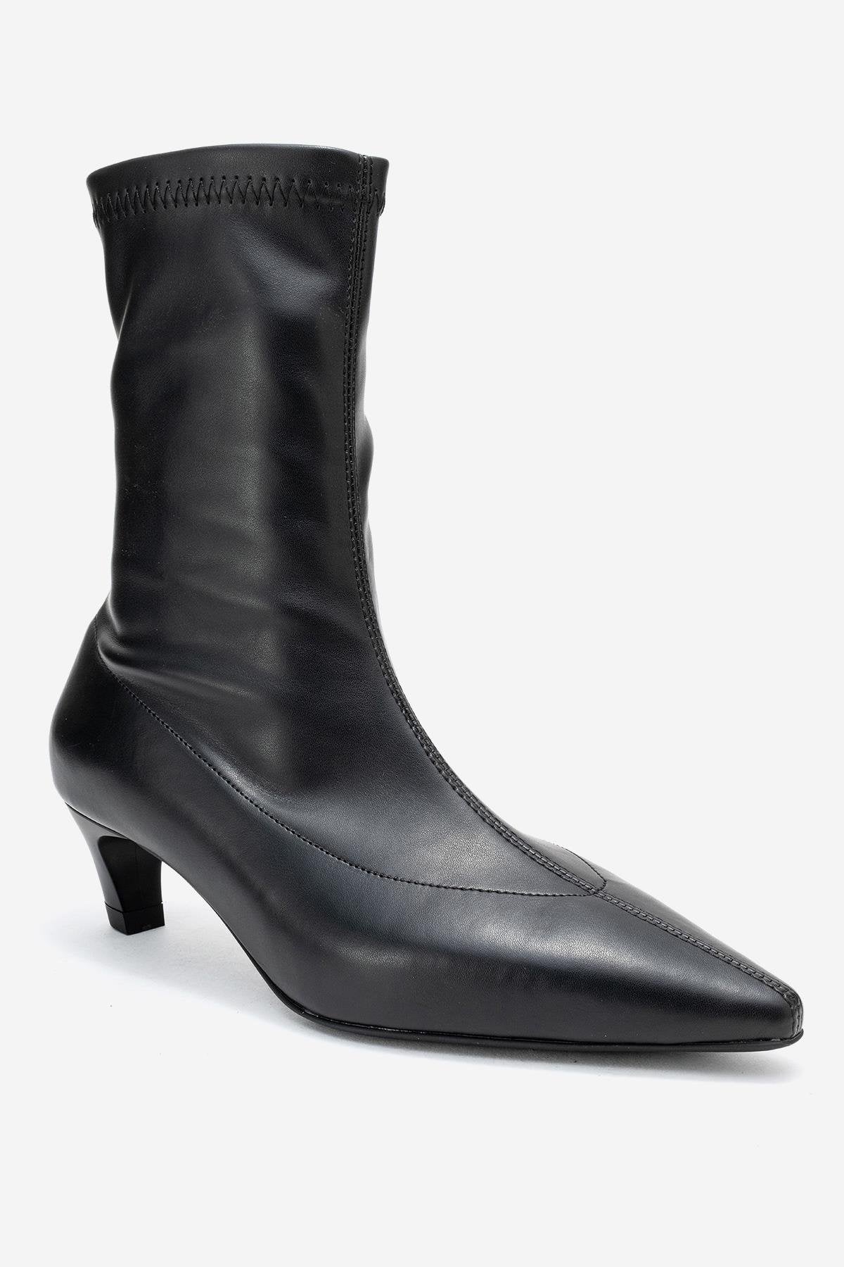 ALORA - Black Kitten Heel Boot – detail view showing leather, black, SimmiUnique