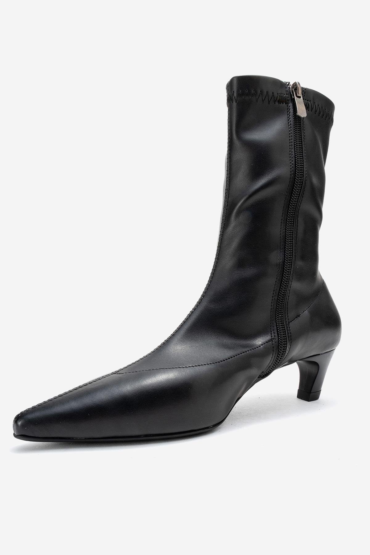 ALORA - Black Kitten Heel Boot – heel view showing leather, black, SimmiUnique