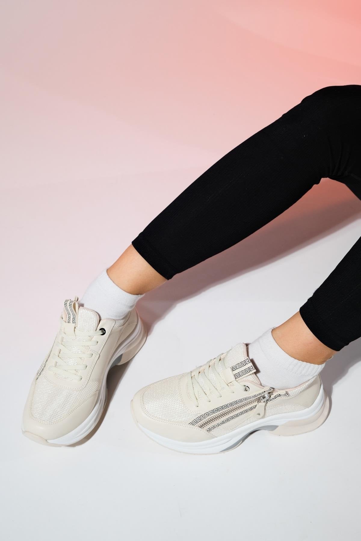 Oude - Ecru Zippered Platform Sneaker – top view showing leather, red, SimmiUnique