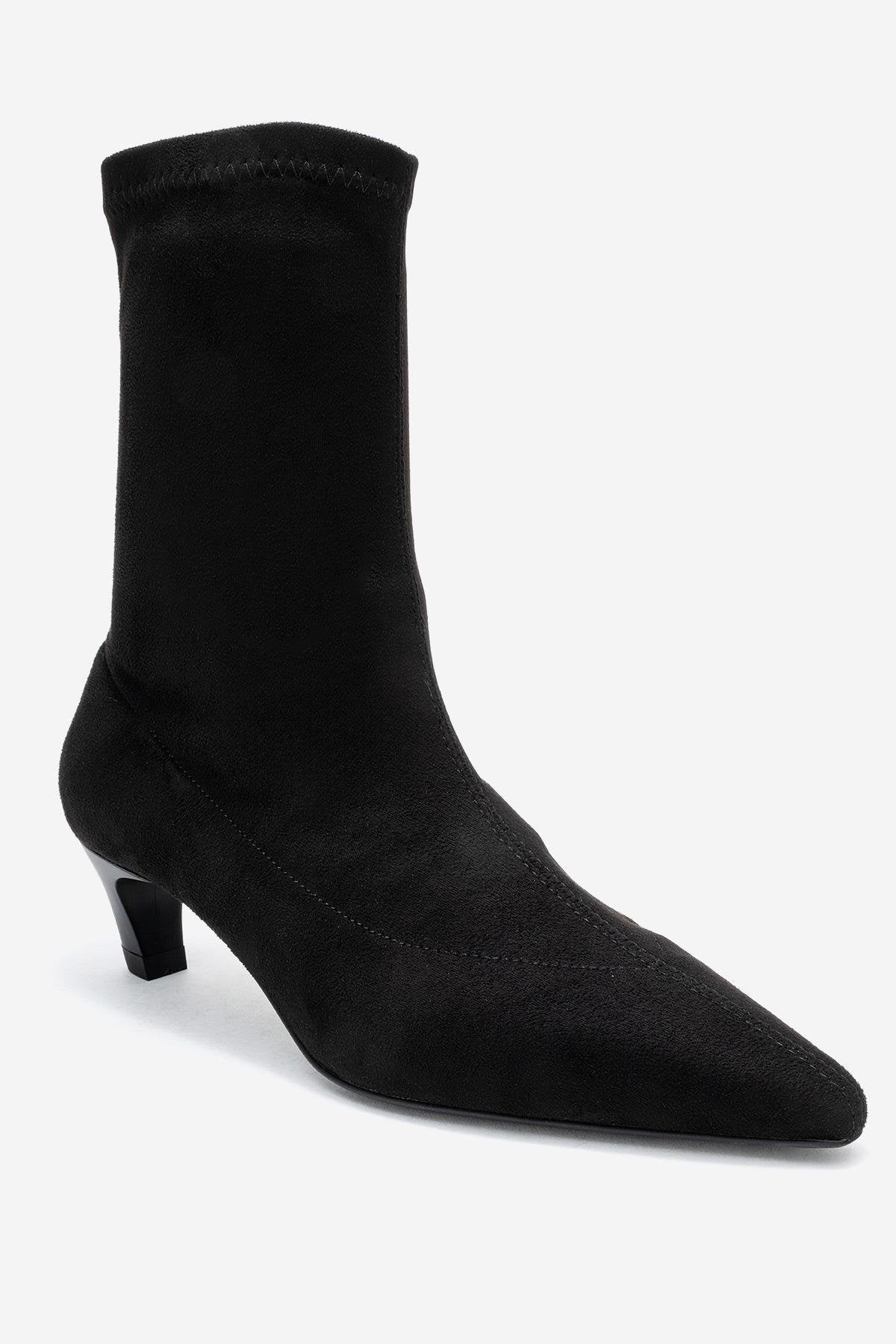ALORA - Black Stretch Short Heel Boot – detail view showing suede, black, SimmiUnique