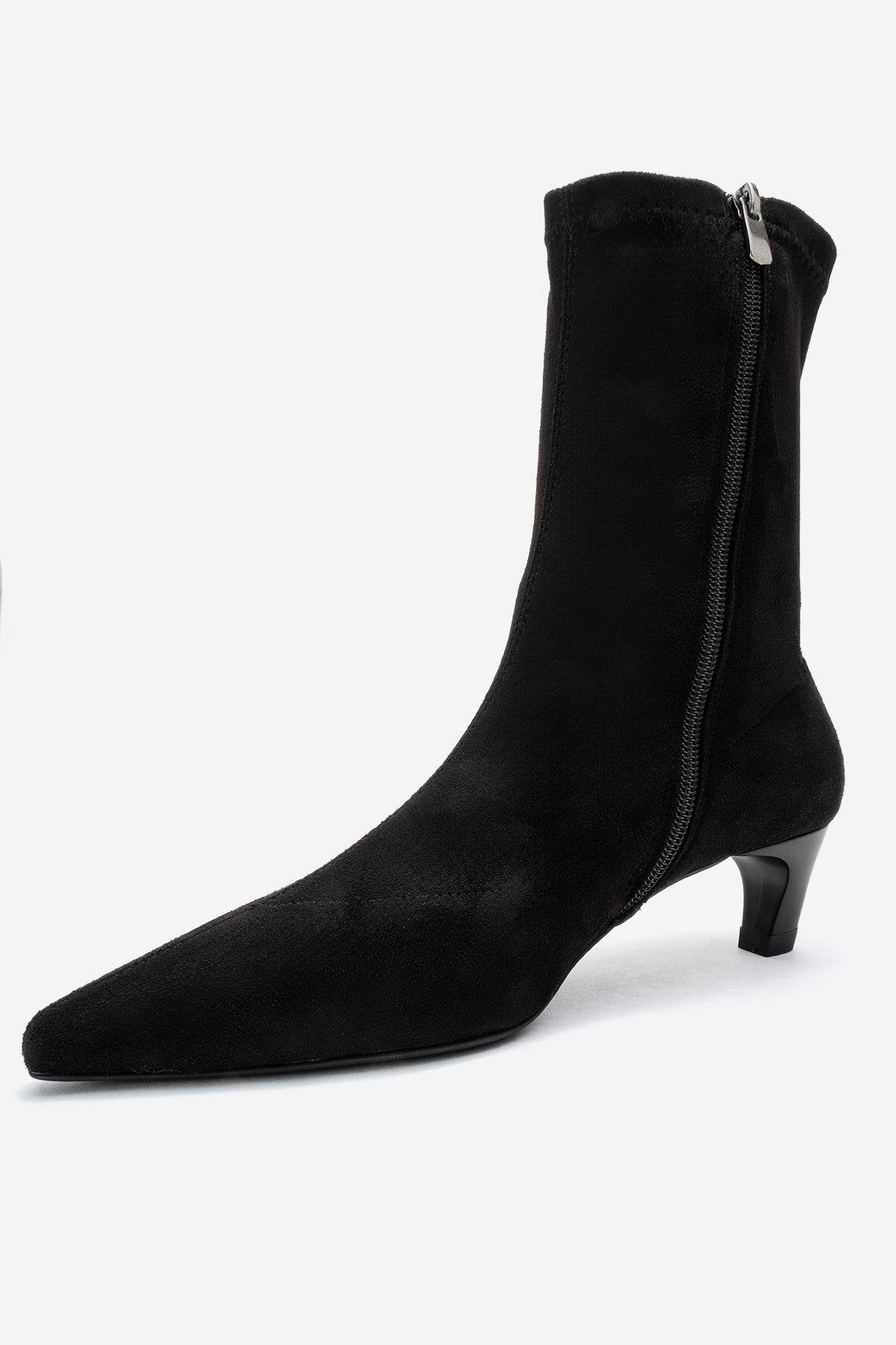 ALORA - Black Stretch Short Heel Boot – heel view showing suede, black, SimmiUnique