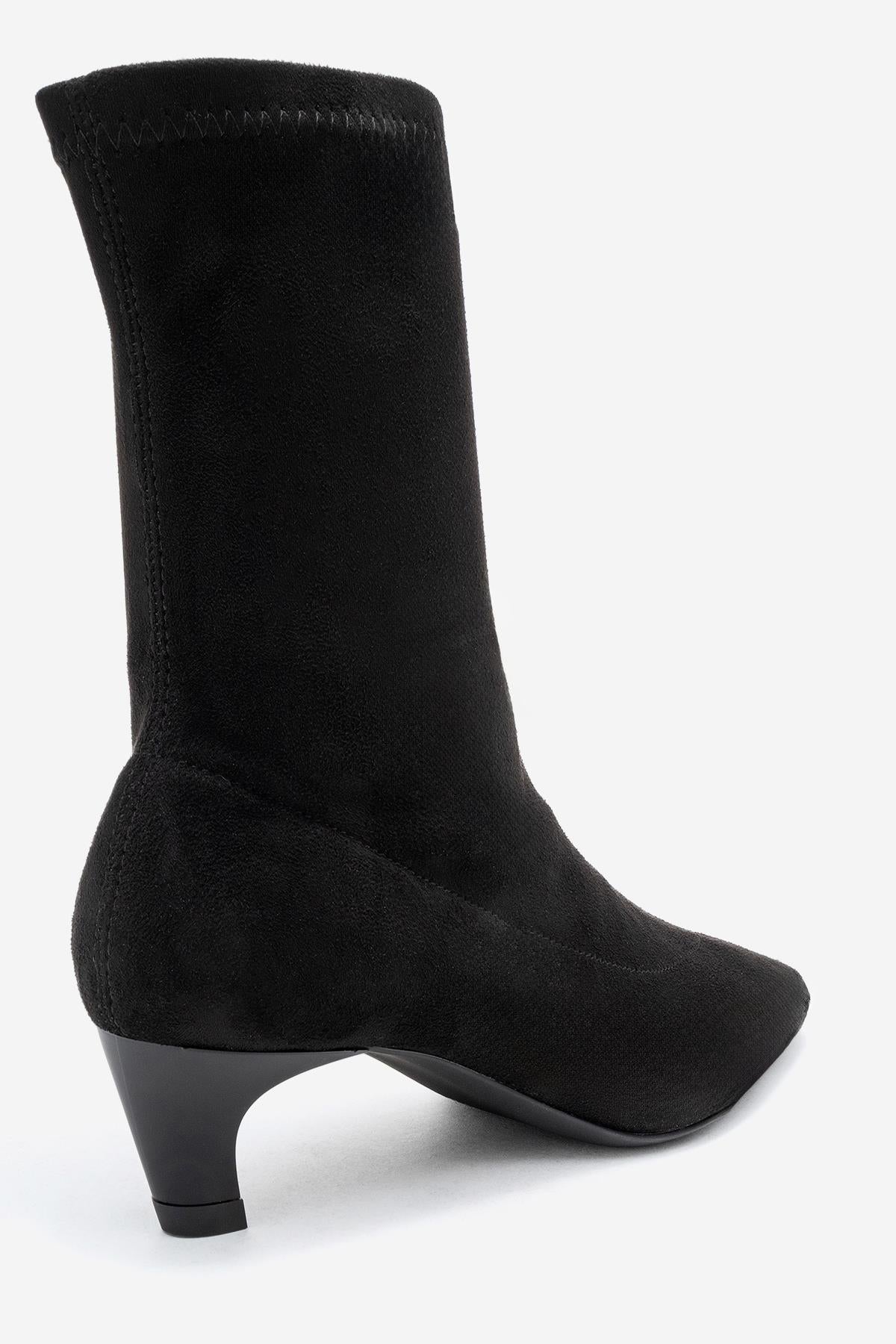 ALORA - Black Stretch Short Heel Boot – back view showing suede, black, SimmiUnique