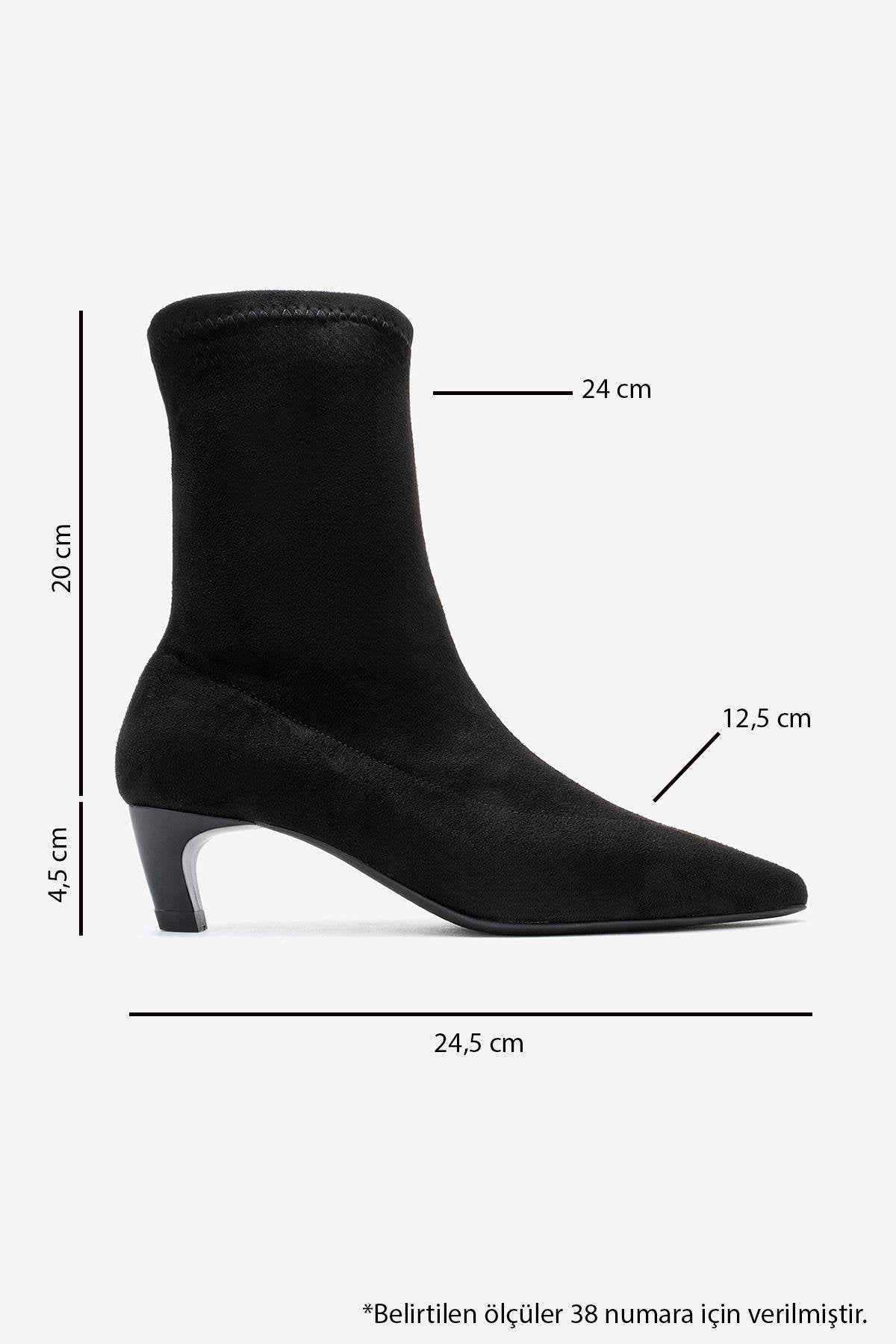ALORA - Black Stretch Short Heel Boot – top view showing suede, black, SimmiUnique