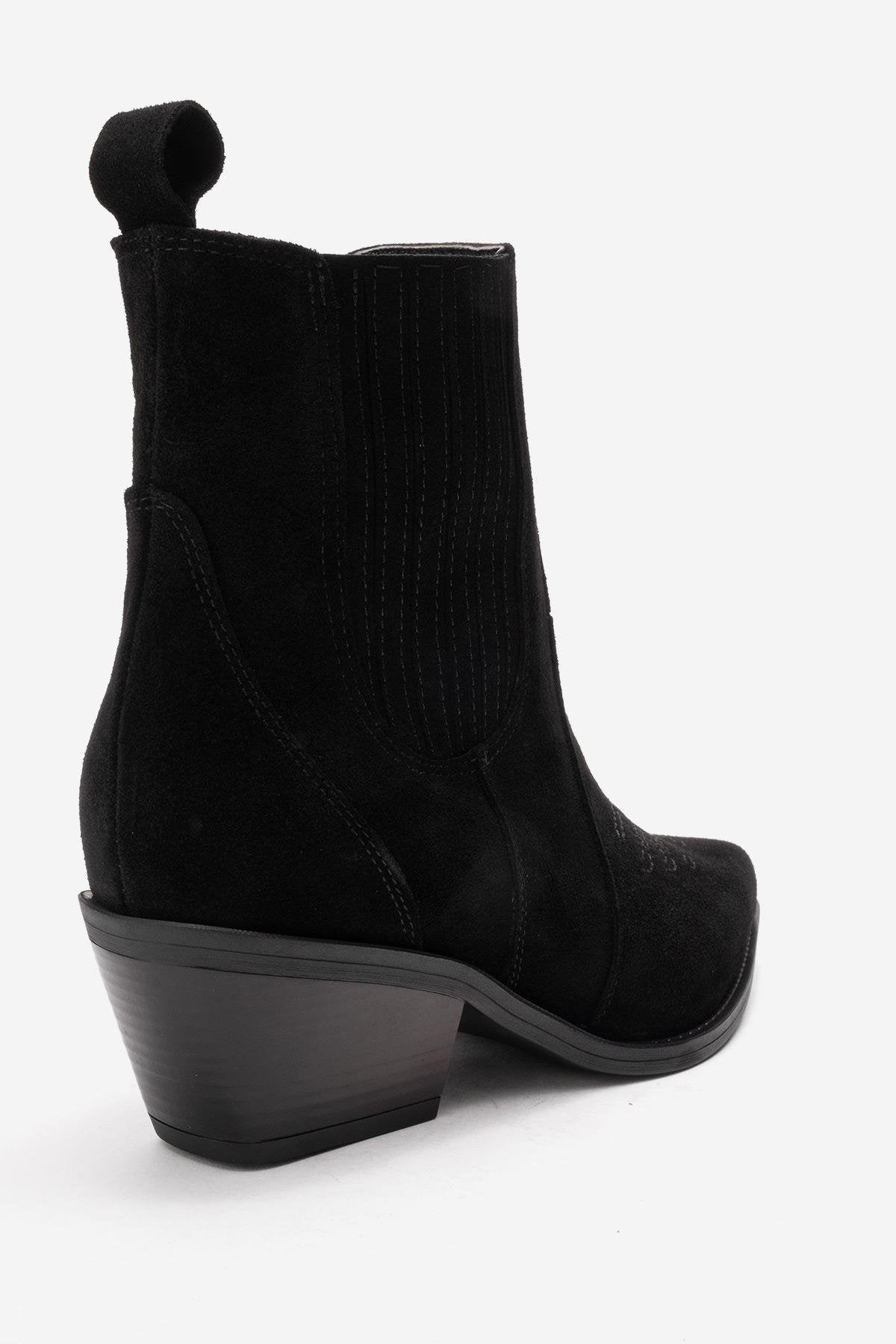 Julieta - Black Genuine Leather Western Boot – back view showing leather, suede, black, SimmiUnique