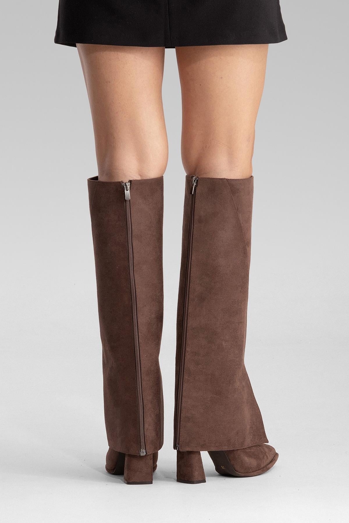 AJA - Brown Suede Block Heel Boot – pair view showing suede, SimmiUnique