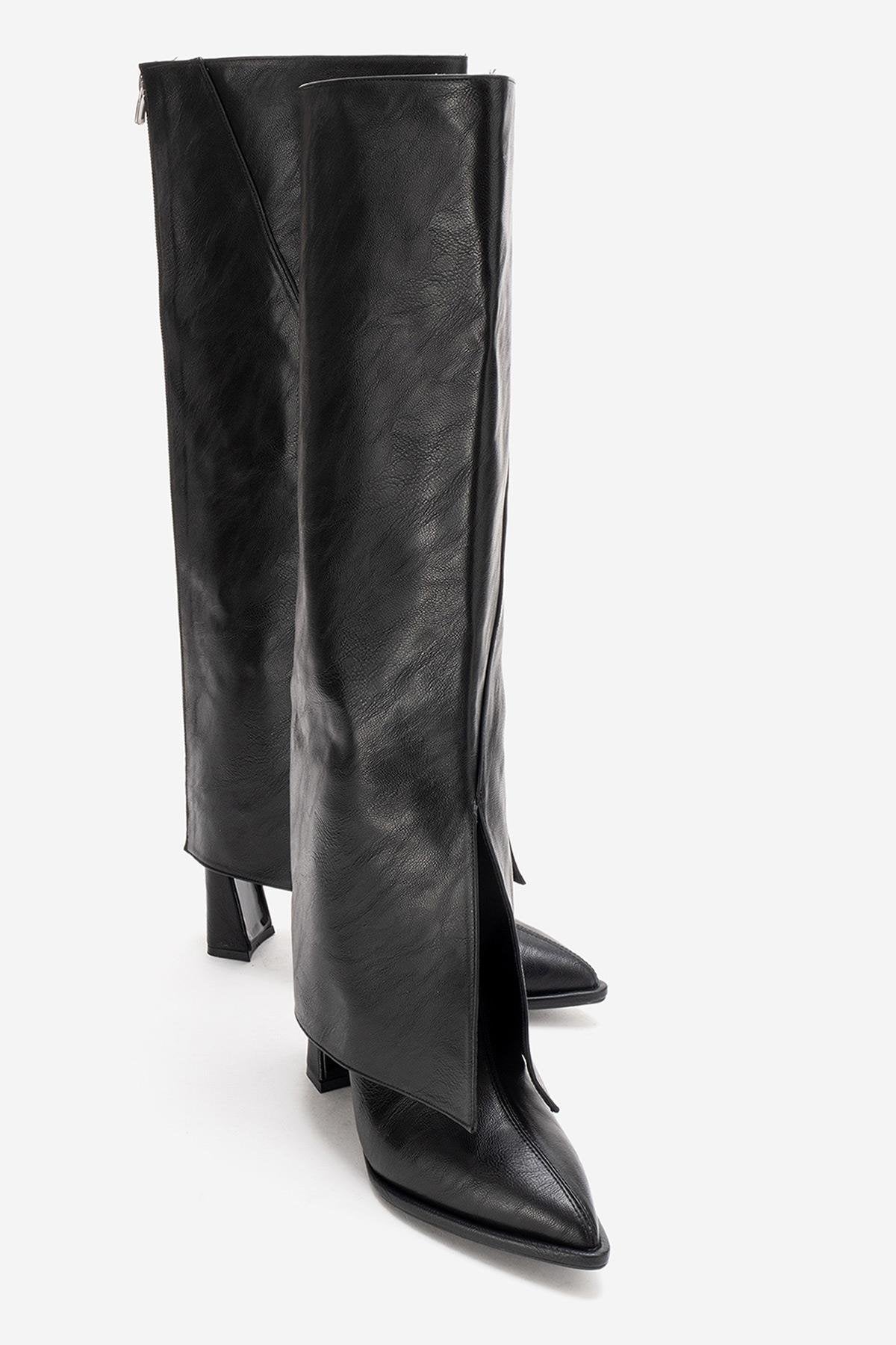 AJA - Black Block Heel Boot – front three-quarter view showing leather, black, red, SimmiUnique