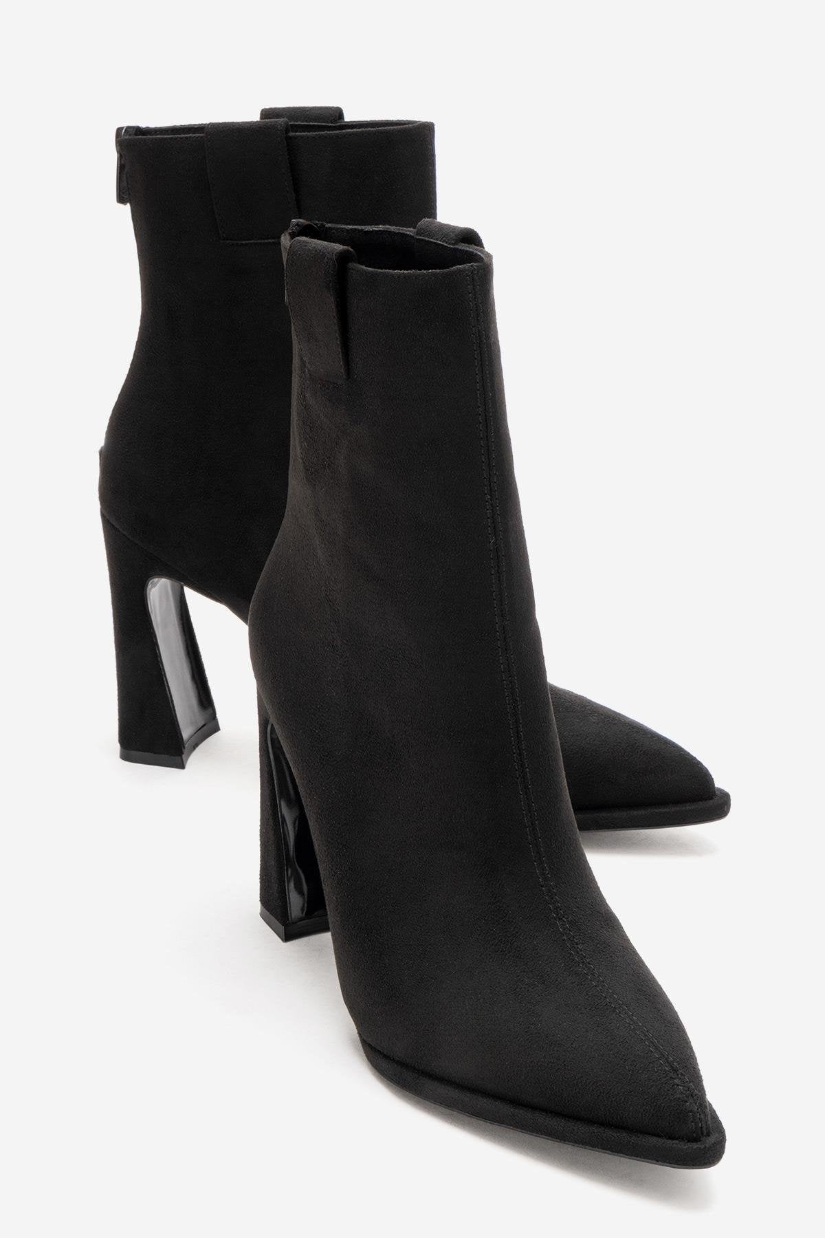 AJA - Black Block Heel Boot – heel view showing suede, black, SimmiUnique
