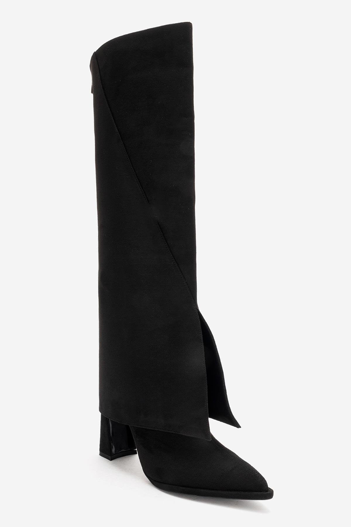 AJA - Black Block Heel Boot – top view showing suede, black, SimmiUnique