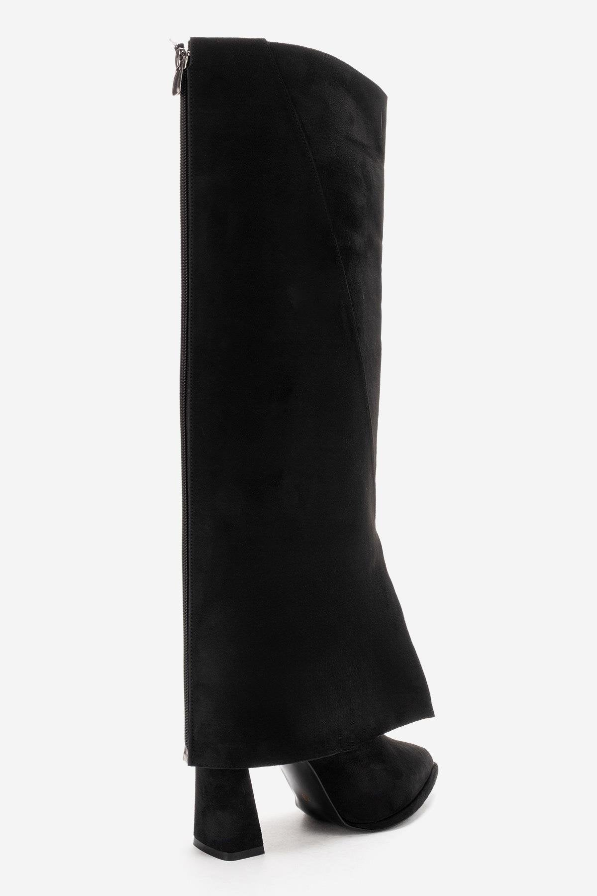 AJA - Black Block Heel Boot – sole view showing suede, black, SimmiUnique