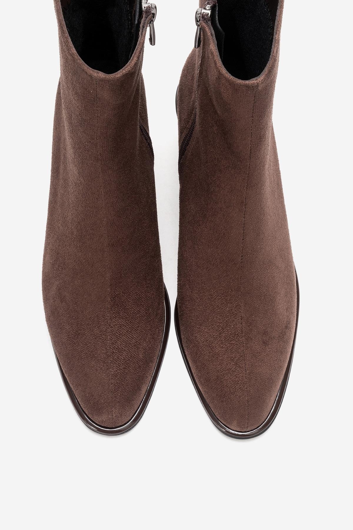 ALBA - Brown Suede Block Heel Boot – side view showing suede, red, SimmiUnique