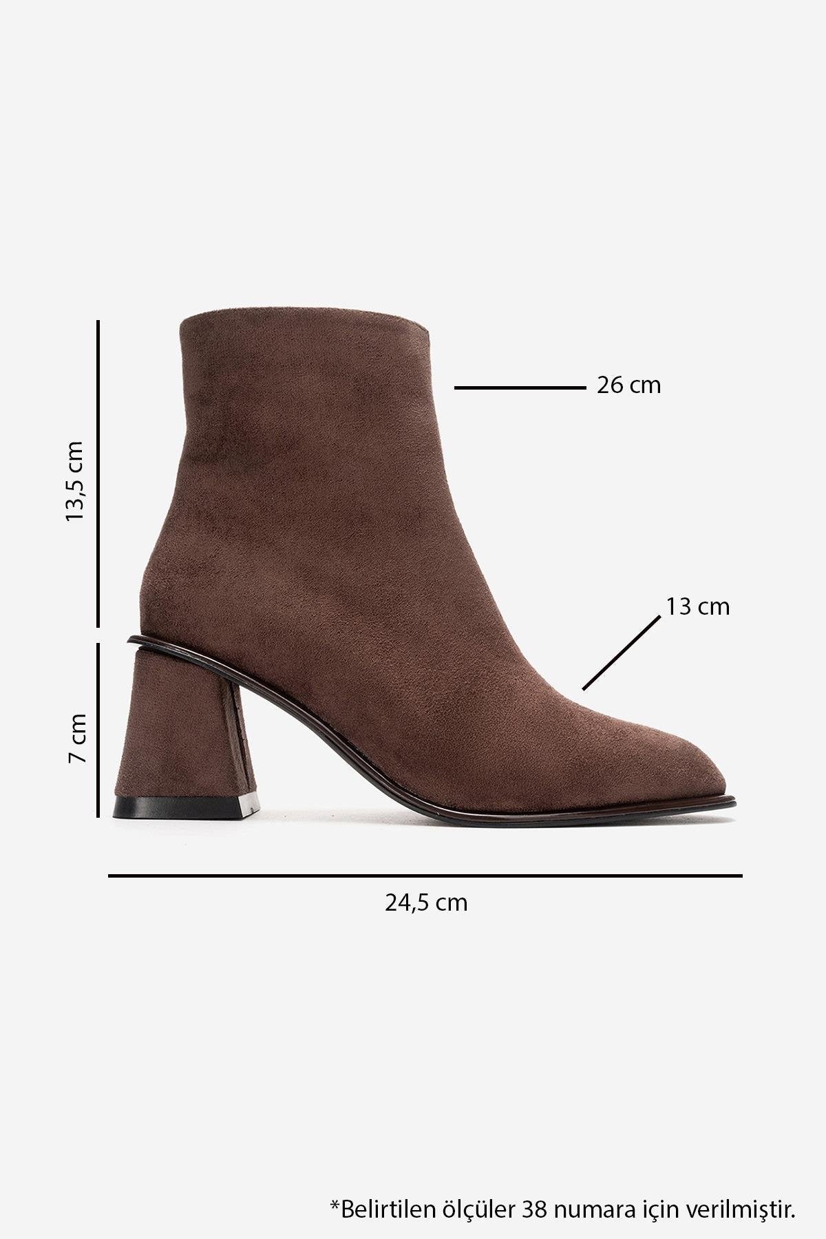 ALBA - Brown Suede Block Heel Boot – detail view showing suede, red, SimmiUnique