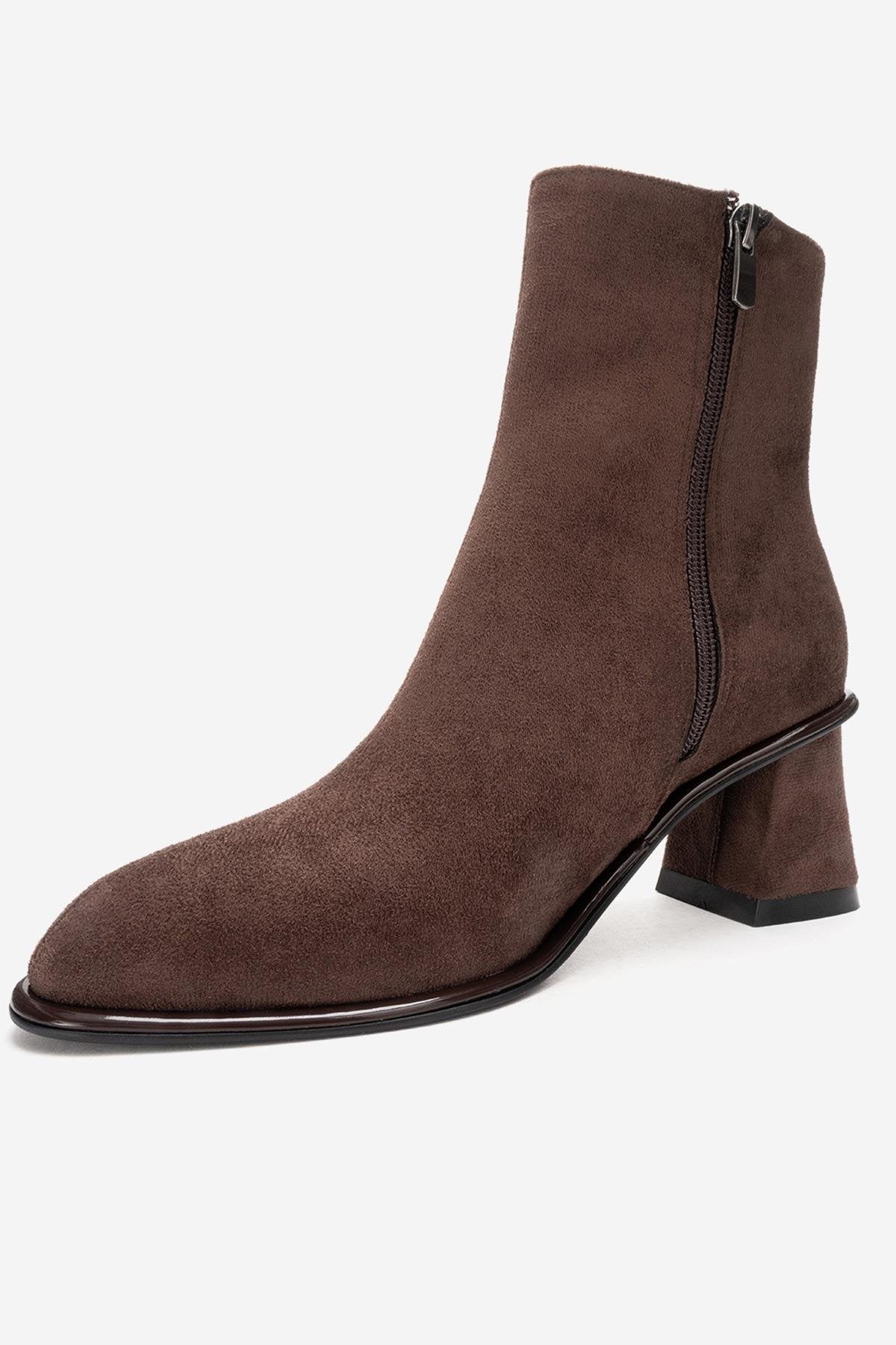 ALBA - Brown Suede Block Heel Boot – back view showing suede, red, SimmiUnique
