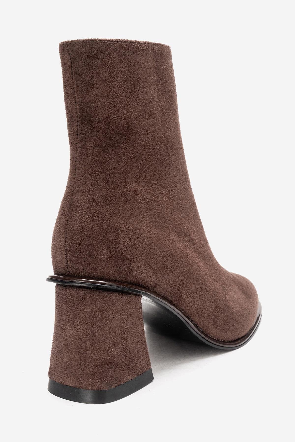 ALBA - Brown Suede Block Heel Boot – top view showing suede, red, SimmiUnique