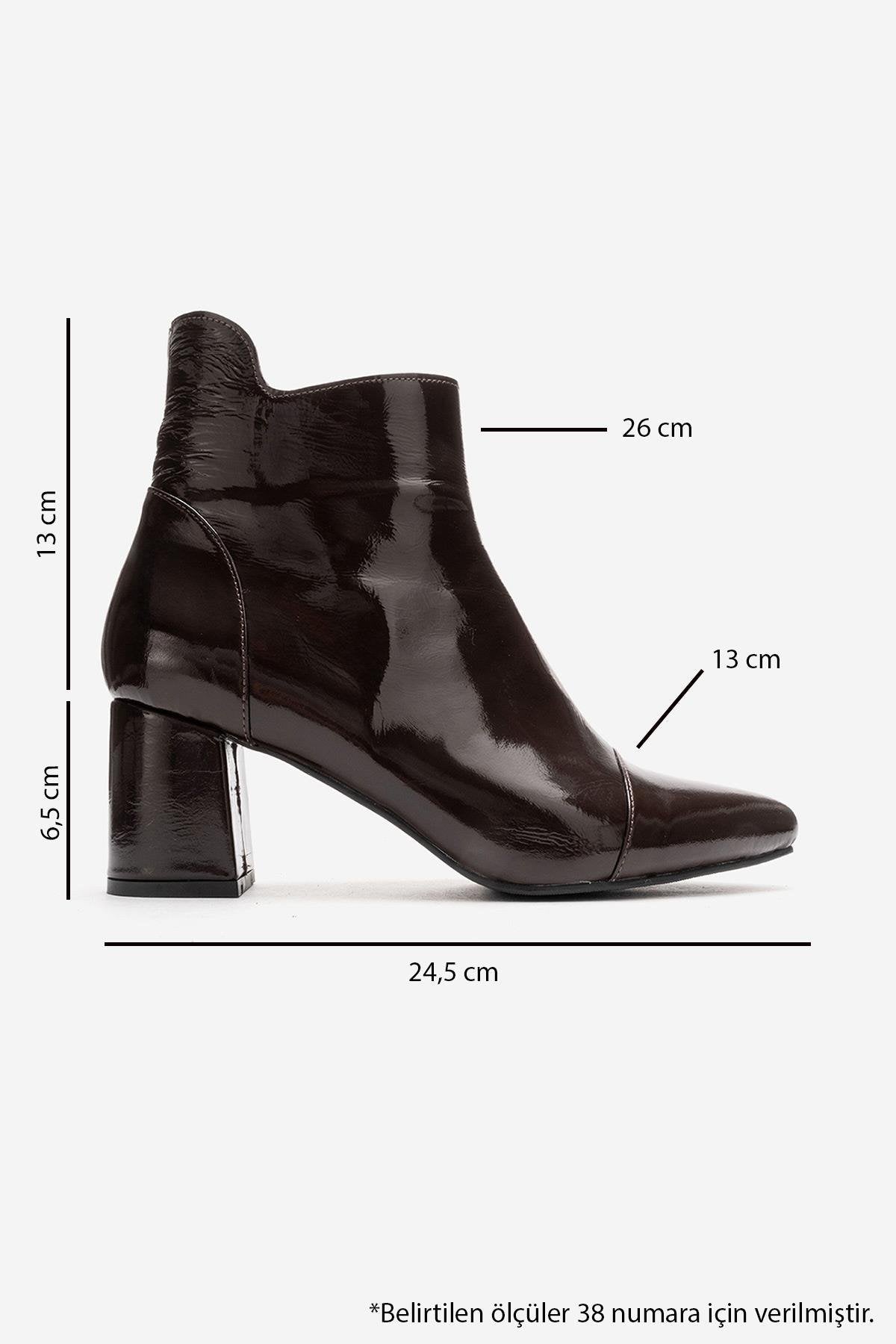 GAEL - Brown Crinkled Patent Genuine Leather Block Heel Boot – detail view showing leather, red, SimmiUnique