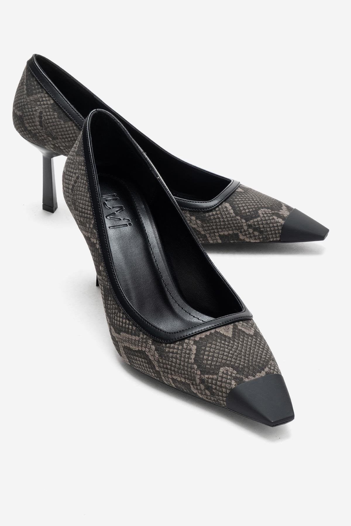 RONA - Gray Patterned Pointed Toe Stiletto Pump – front three-quarter view showing leather, SimmiUnique