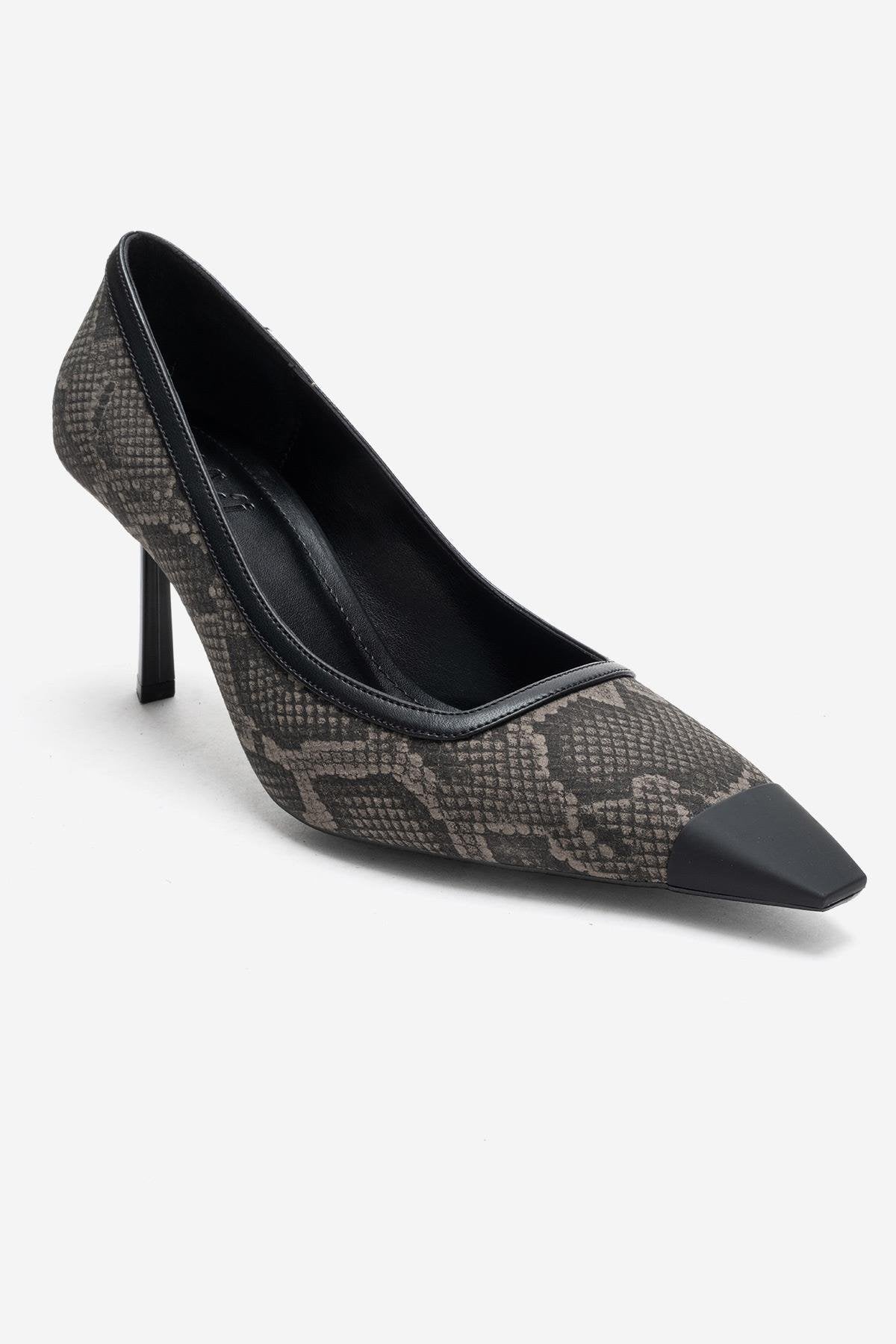 RONA - Gray Patterned Pointed Toe Stiletto Pump – detail view showing leather, SimmiUnique