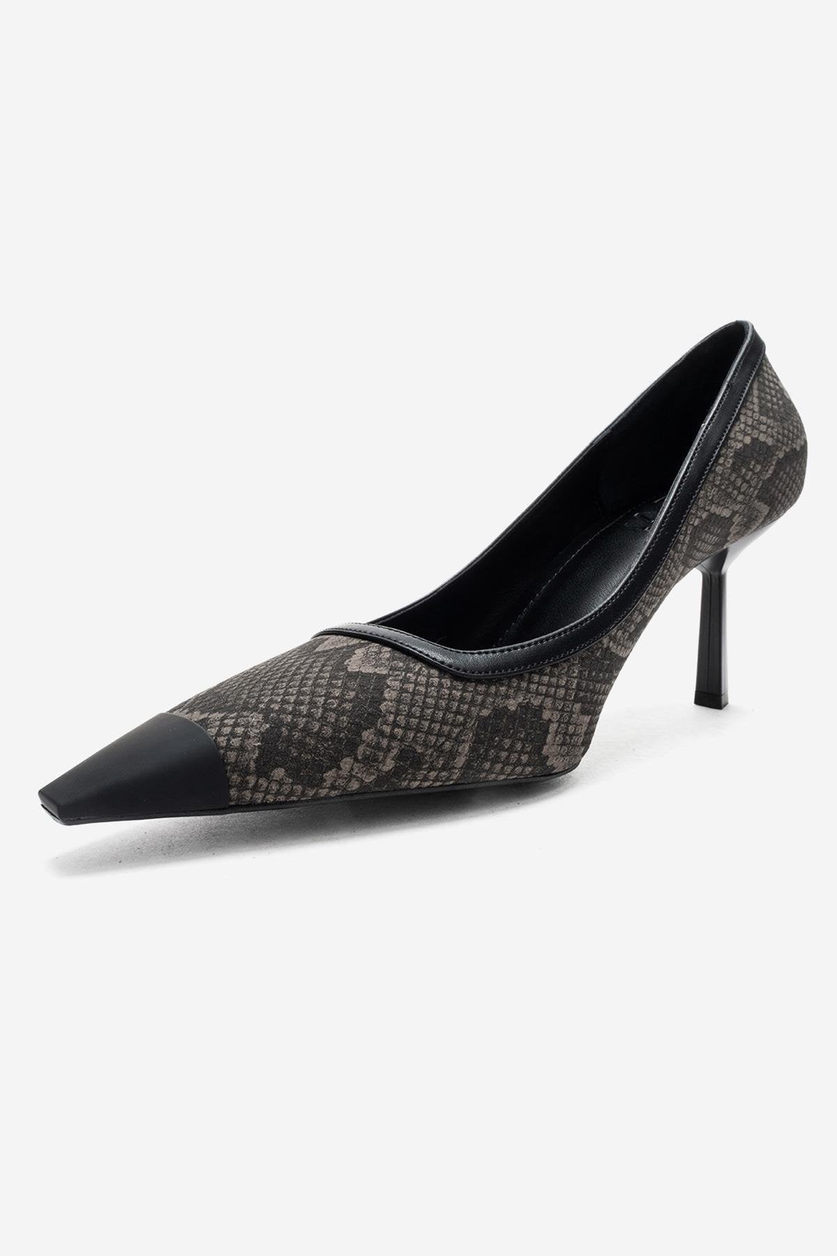 RONA - Gray Patterned Pointed Toe Stiletto Pump – heel view showing leather, SimmiUnique