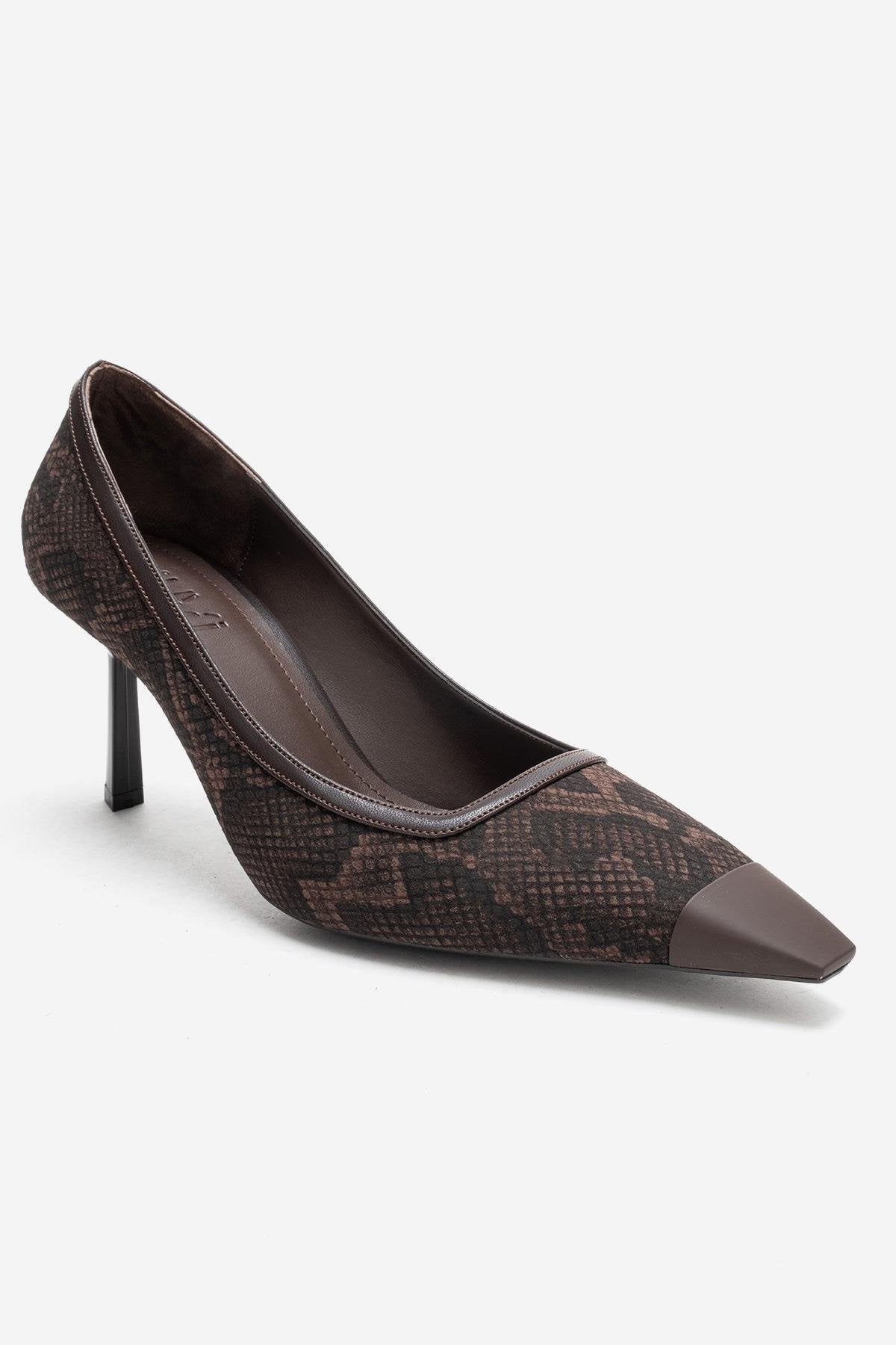 RONA - Brown Patterned Pointed Toe Stiletto Pump – detail view showing leather, red, SimmiUnique