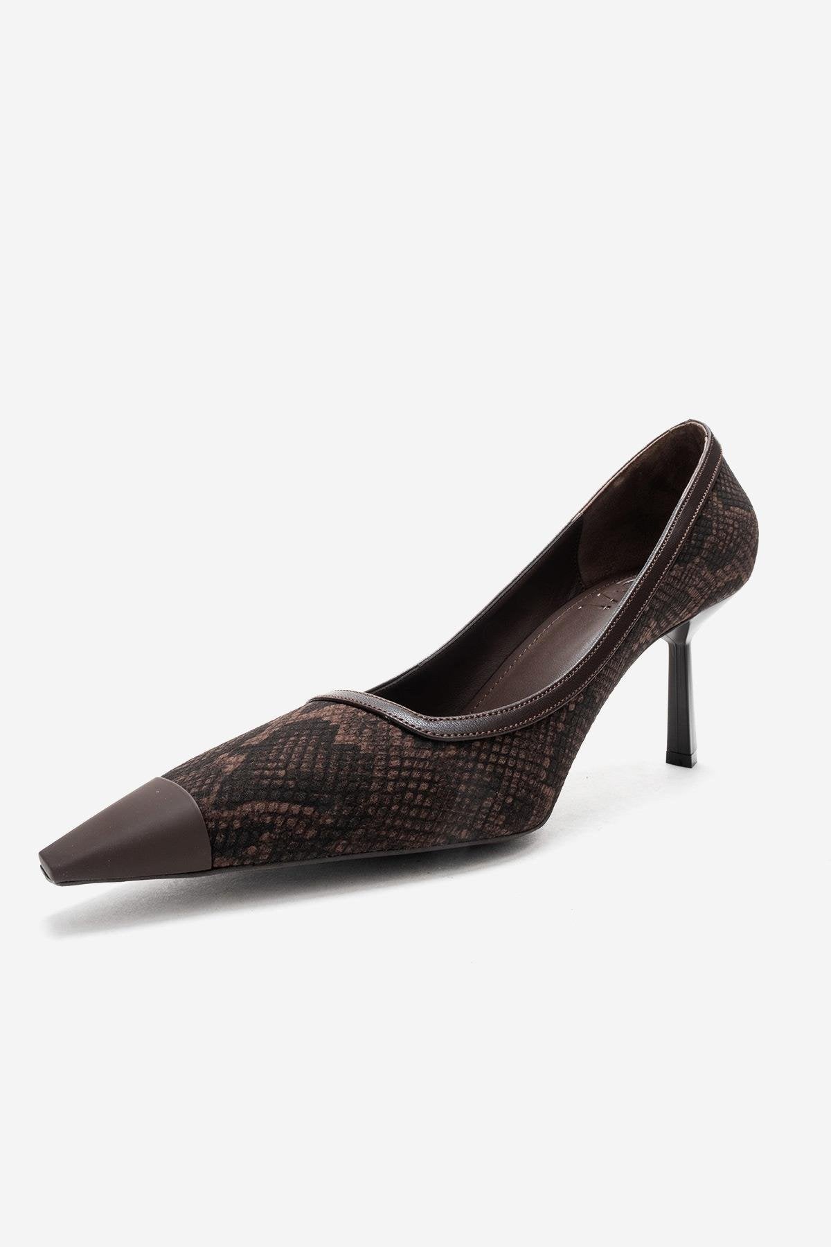 RONA - Brown Patterned Pointed Toe Stiletto Pump – heel view showing leather, red, SimmiUnique