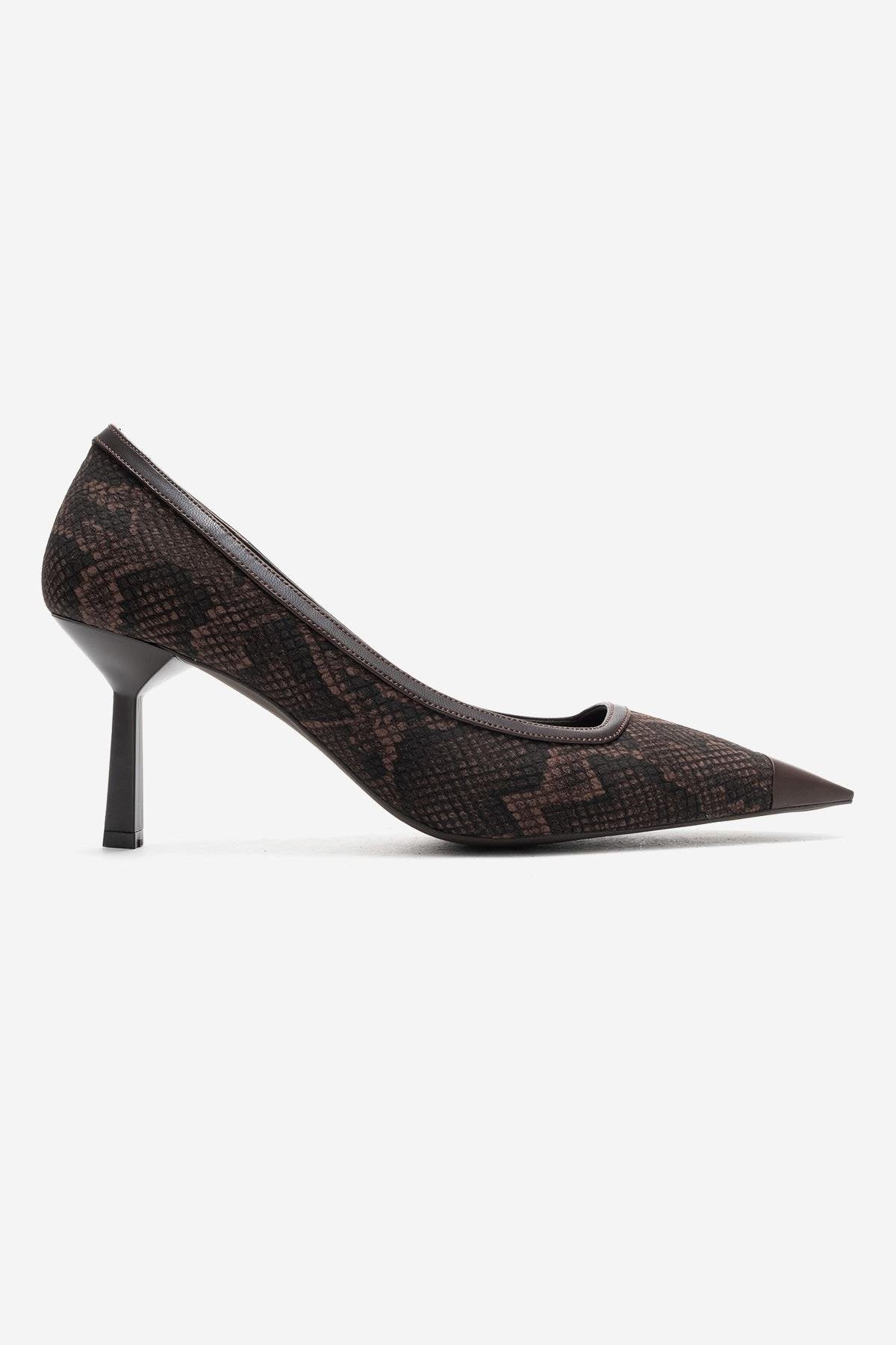 RONA - Brown Patterned Pointed Toe Stiletto Pump – top view showing leather, red, SimmiUnique