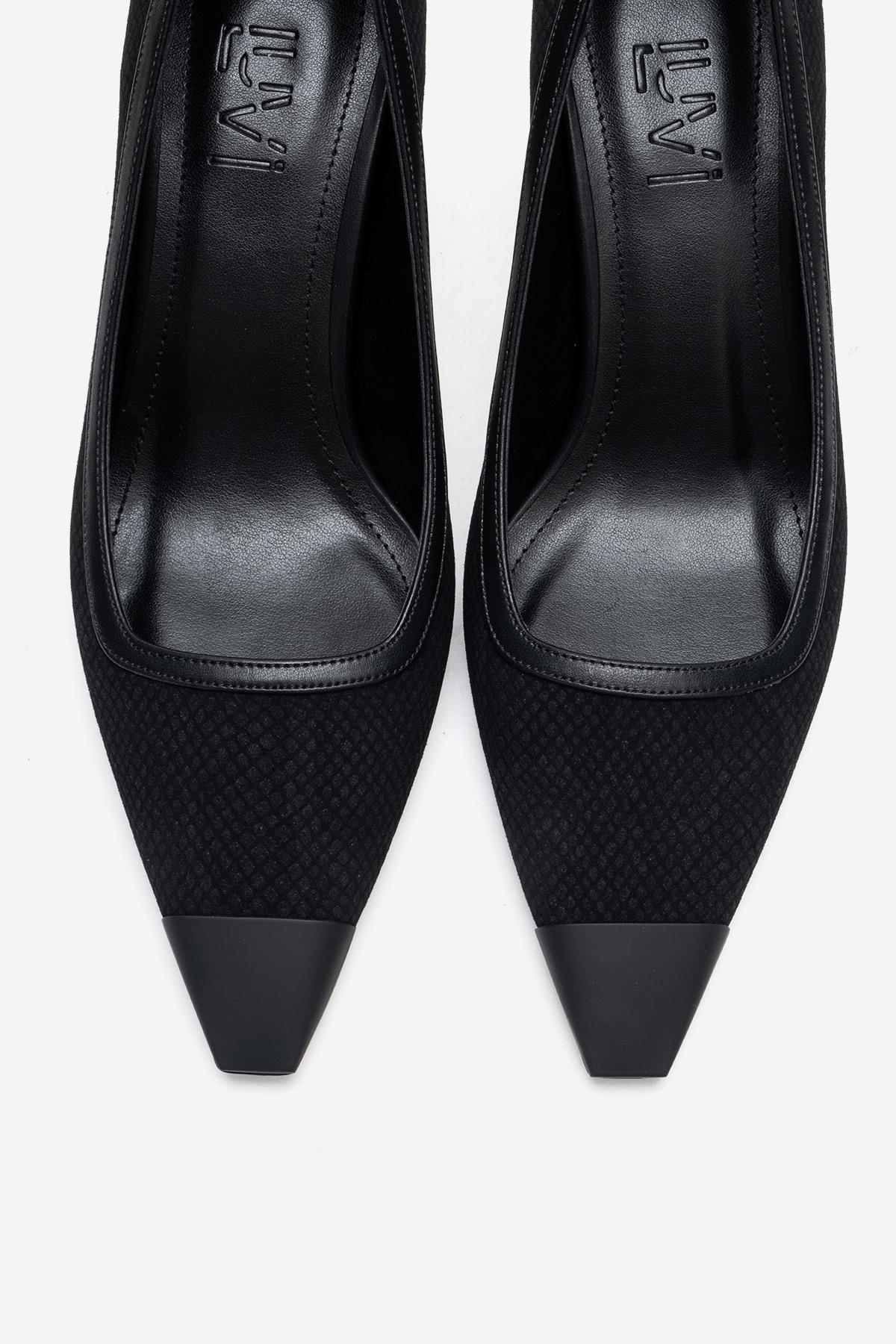 RONA - Black Patterned Pointed Stiletto Pump – side view showing leather, black, SimmiUnique