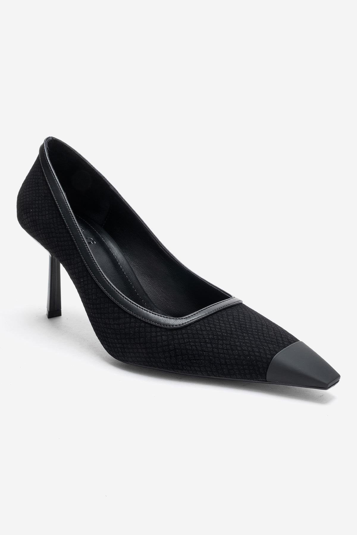 RONA - Black Patterned Pointed Stiletto Pump – detail view showing leather, black, SimmiUnique
