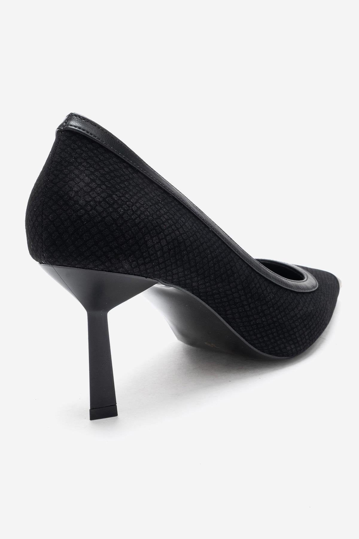 RONA - Black Patterned Pointed Stiletto Pump – back view showing leather, black, SimmiUnique