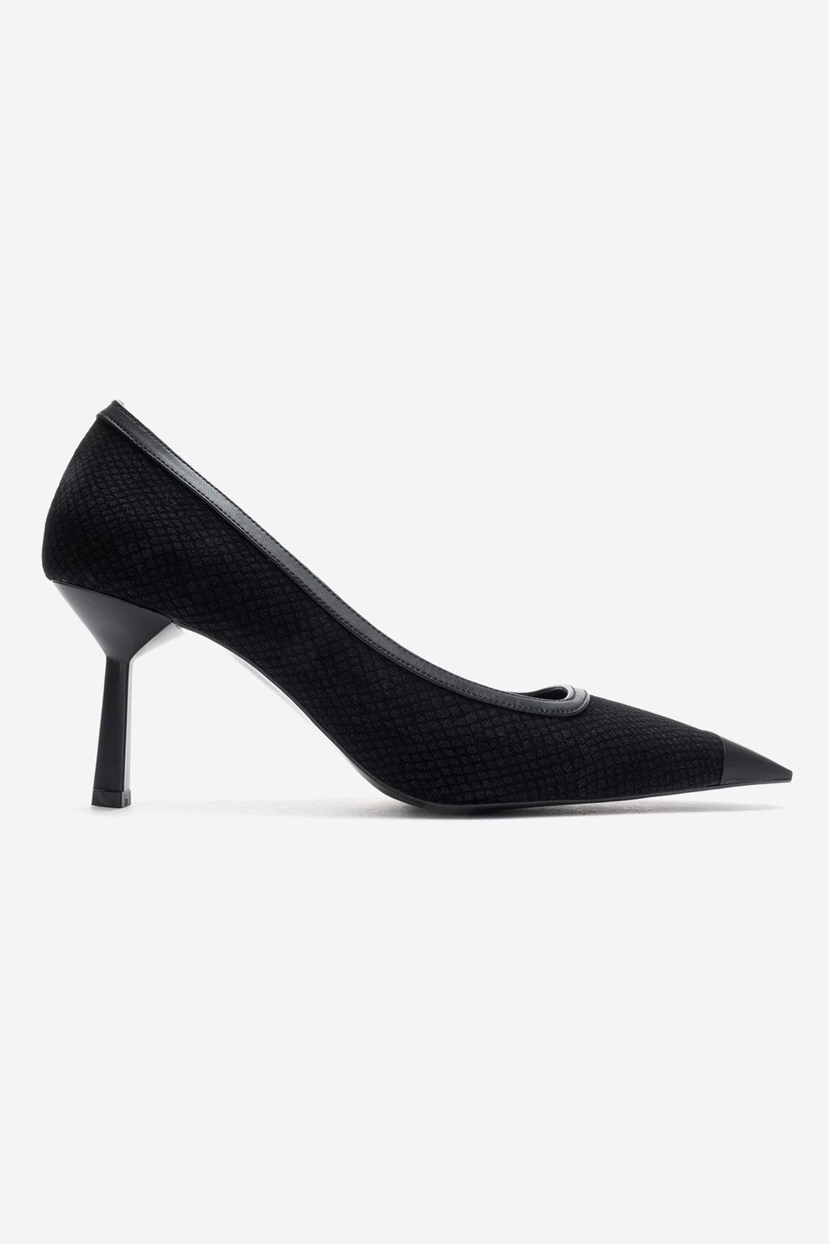 RONA - Black Patterned Pointed Stiletto Pump – top view showing leather, black, SimmiUnique