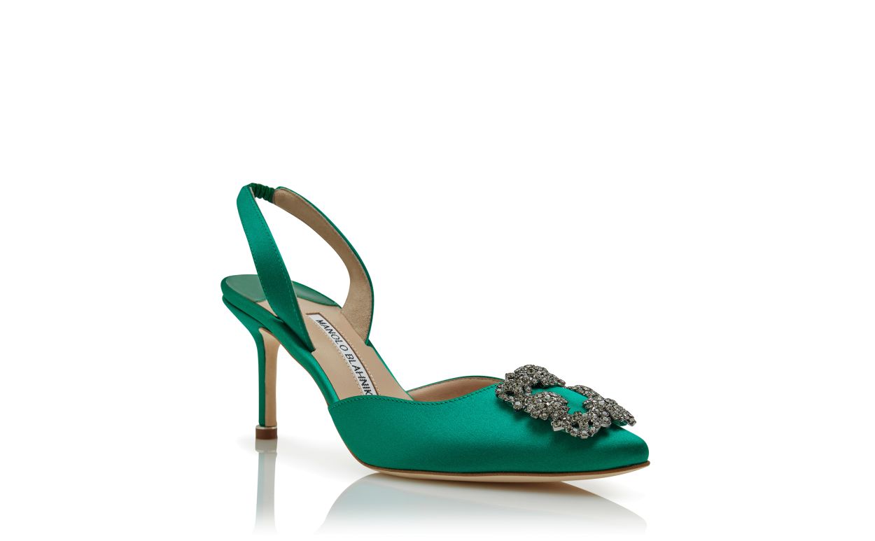 Emmeline Belle Green Jewel Buckle Slingbacks – top view showing green jewel buckle, crystal buckle, ankle strap, slingback…
