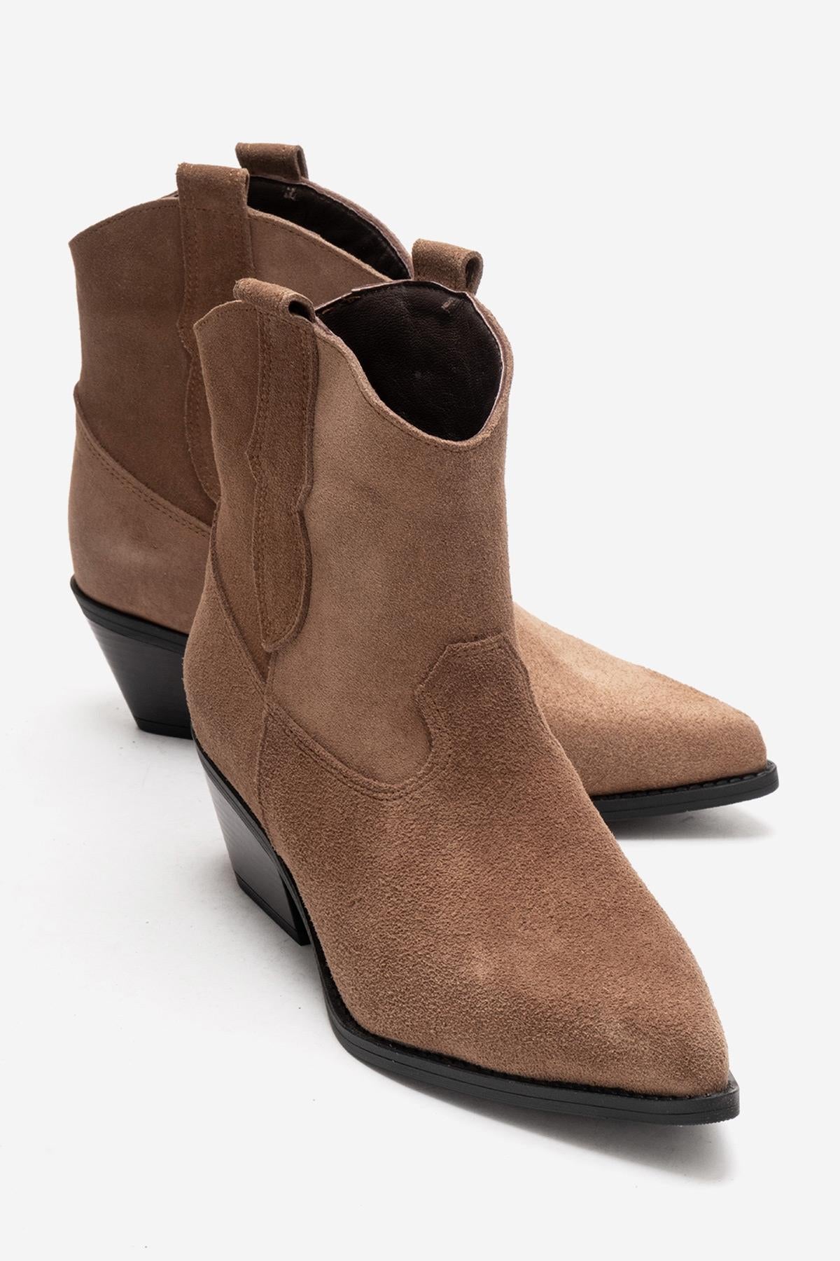 ELIA - Camel Genuine Leather Block Heel Western Boot – front three-quarter view showing leather, suede, SimmiUnique