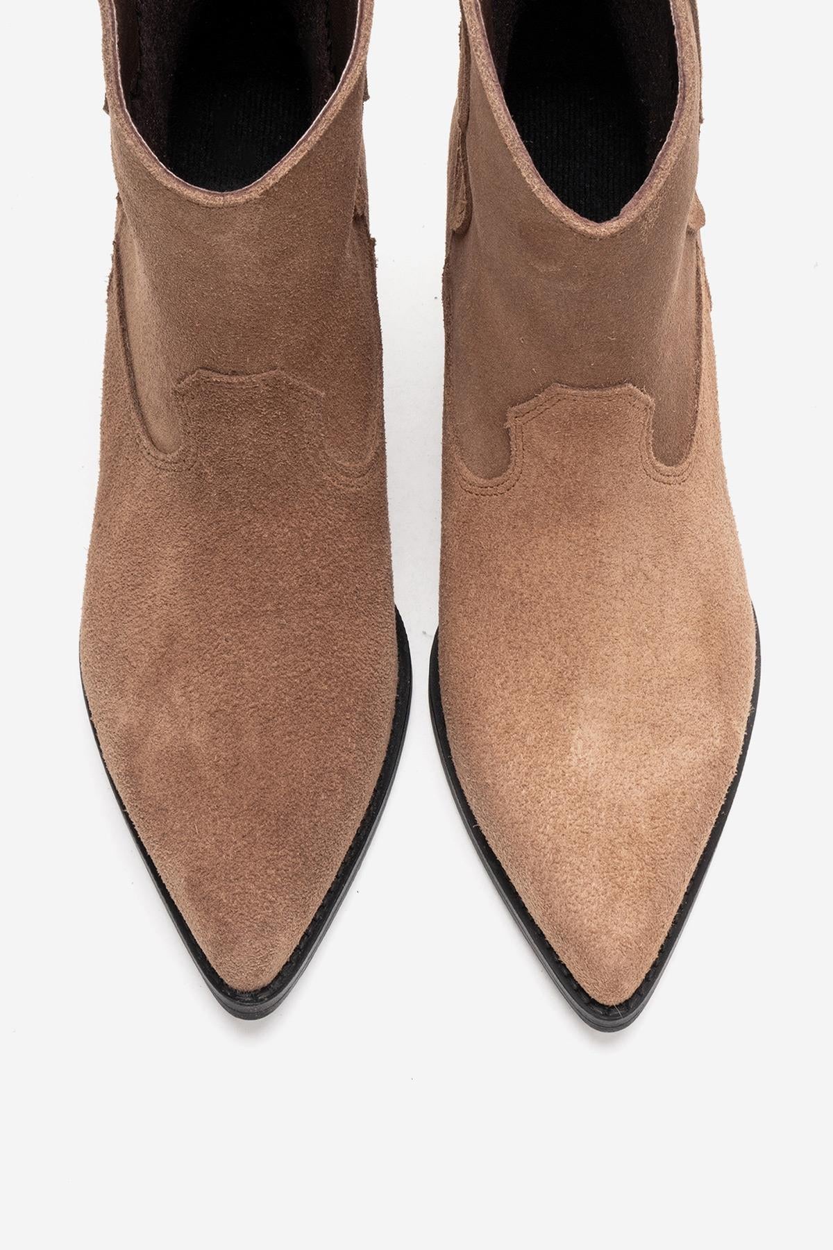 ELIA - Camel Genuine Leather Block Heel Western Boot – side view showing leather, suede, SimmiUnique