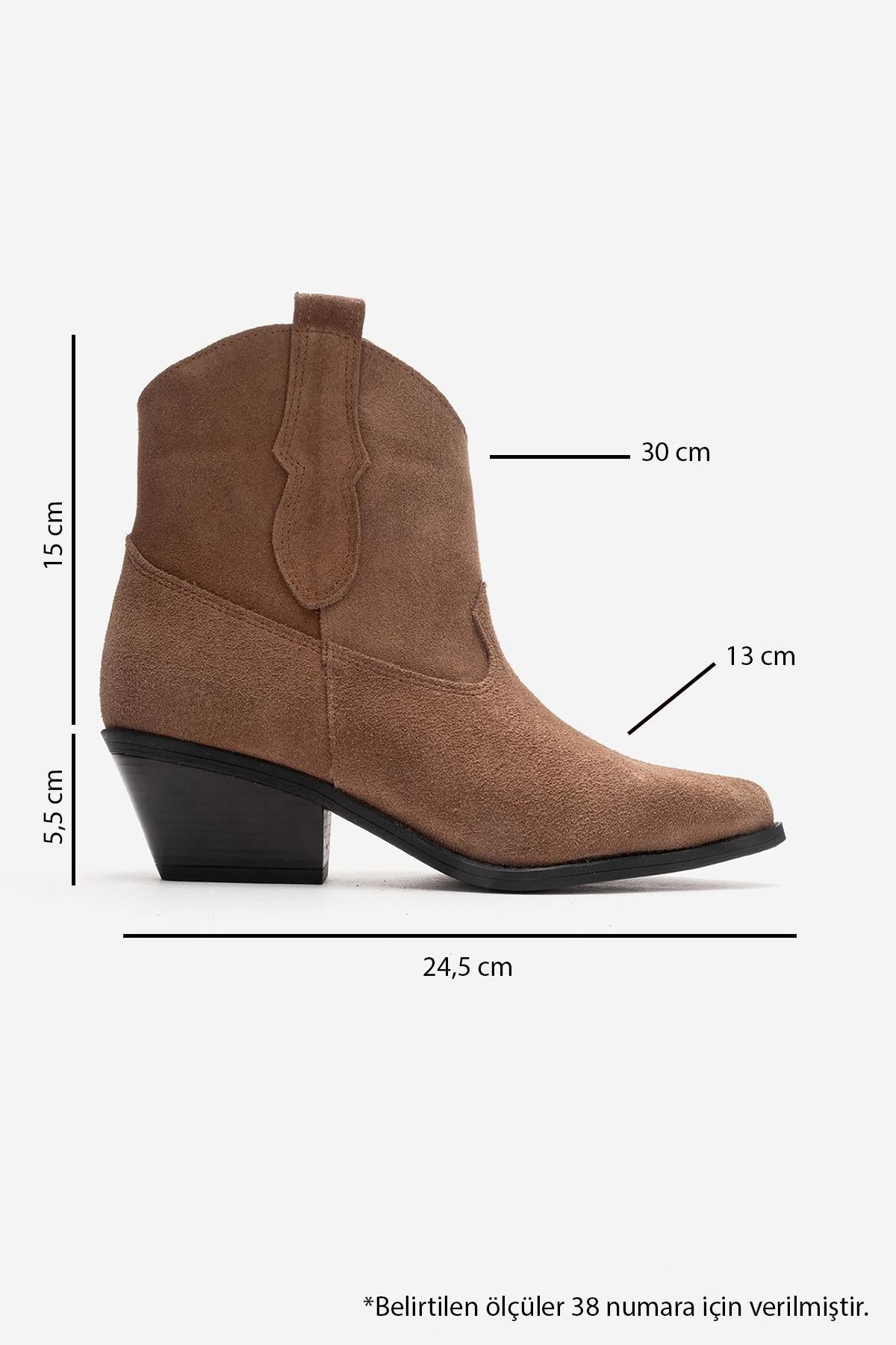ELIA - Camel Genuine Leather Block Heel Western Boot – detail view showing leather, suede, SimmiUnique