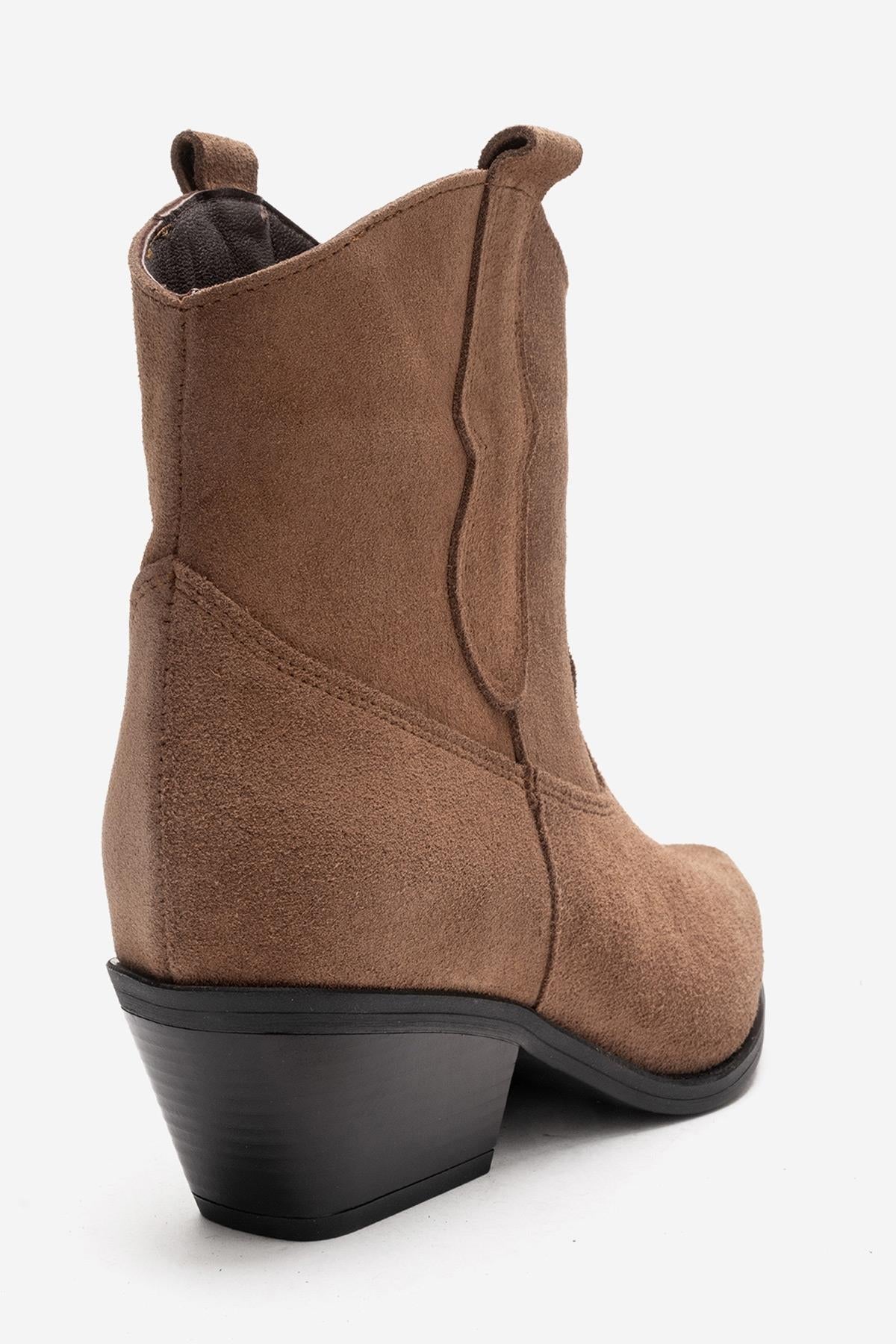 ELIA - Camel Genuine Leather Block Heel Western Boot – heel view showing leather, suede, SimmiUnique