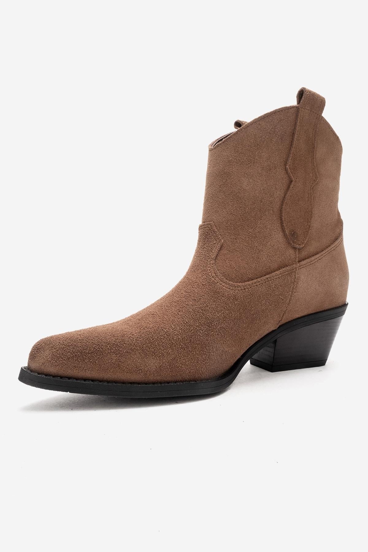 ELIA - Camel Genuine Leather Block Heel Western Boot – top view showing leather, suede, SimmiUnique