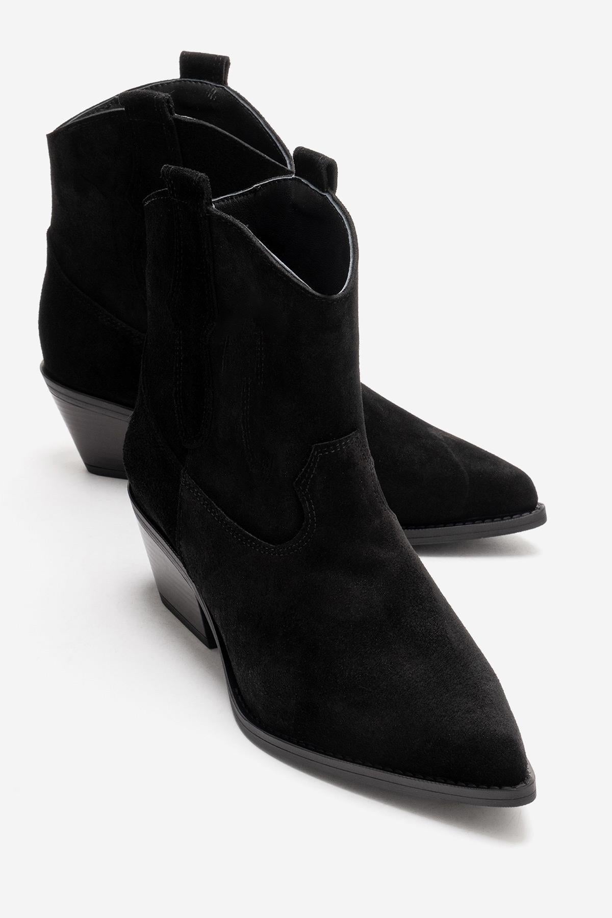 ELIA - Black Genuine Leather Block Heel Western Boot – front three-quarter view showing leather, suede, black, SimmiUnique