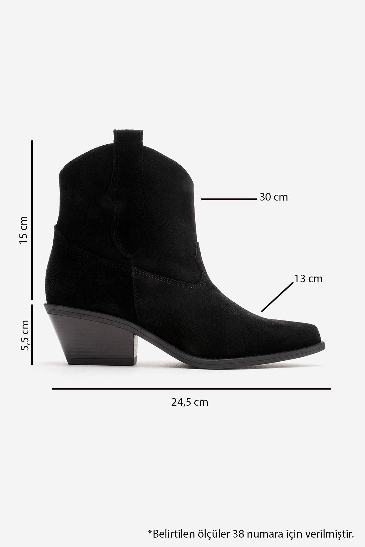 ELIA - Black Genuine Leather Block Heel Western Boot – detail view showing leather, suede, black, SimmiUnique
