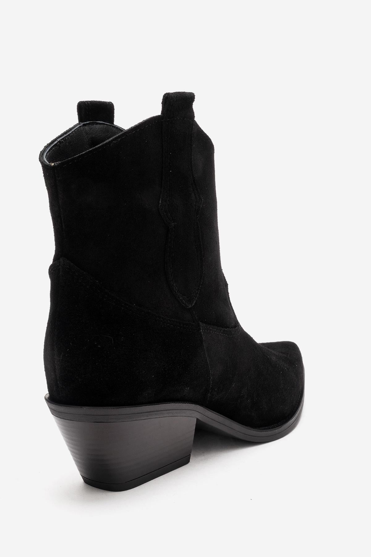 ELIA - Black Genuine Leather Block Heel Western Boot – heel view showing leather, suede, black, SimmiUnique