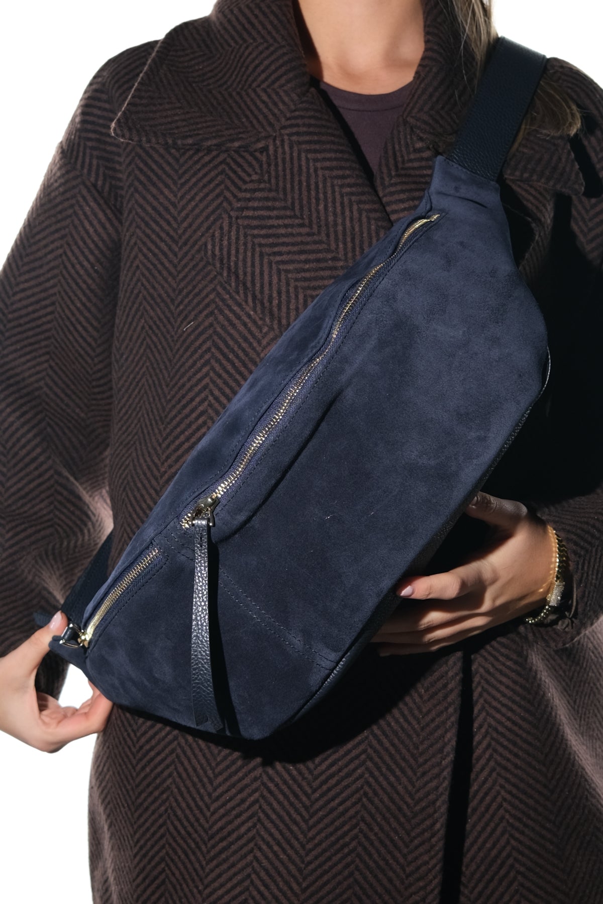 SOLA - Navy Genuine Leather Body Bag – front three-quarter view showing leather, suede, red, SimmiUnique